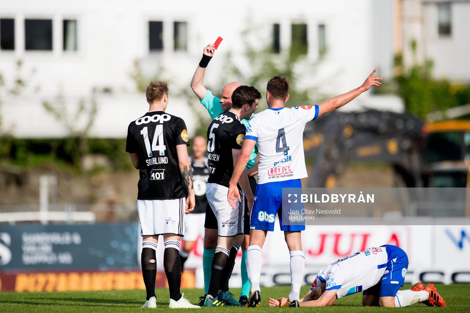 Jacob Rasmussen of Rosenborg is shown a red card by Trond