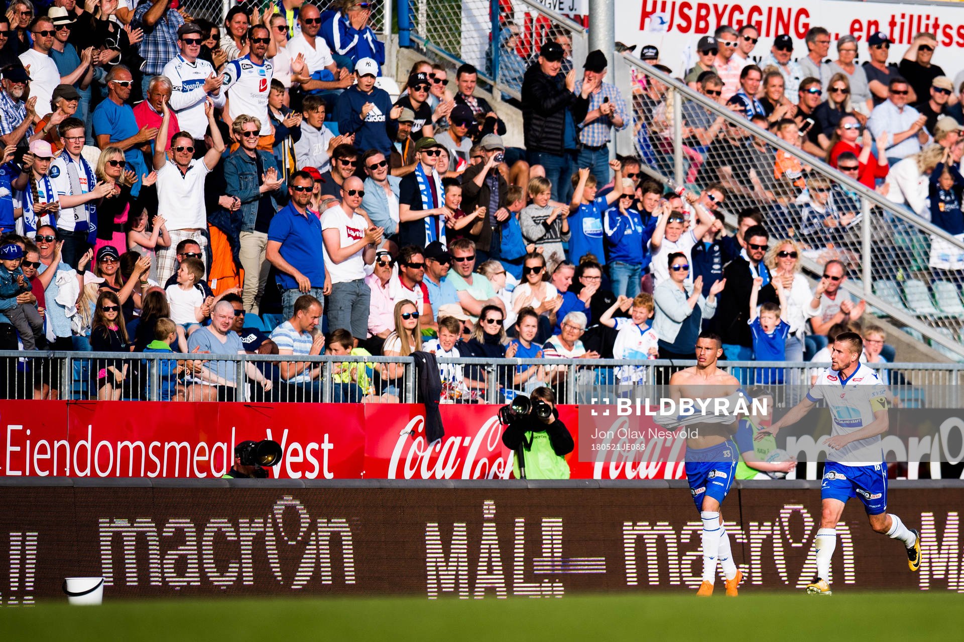 Kristoffer Velde of Haugesund celebrates the 1-2 goal during the Eliteserien match between Haugesund and Rosenborg on May 21, 2018 in Haugesund.