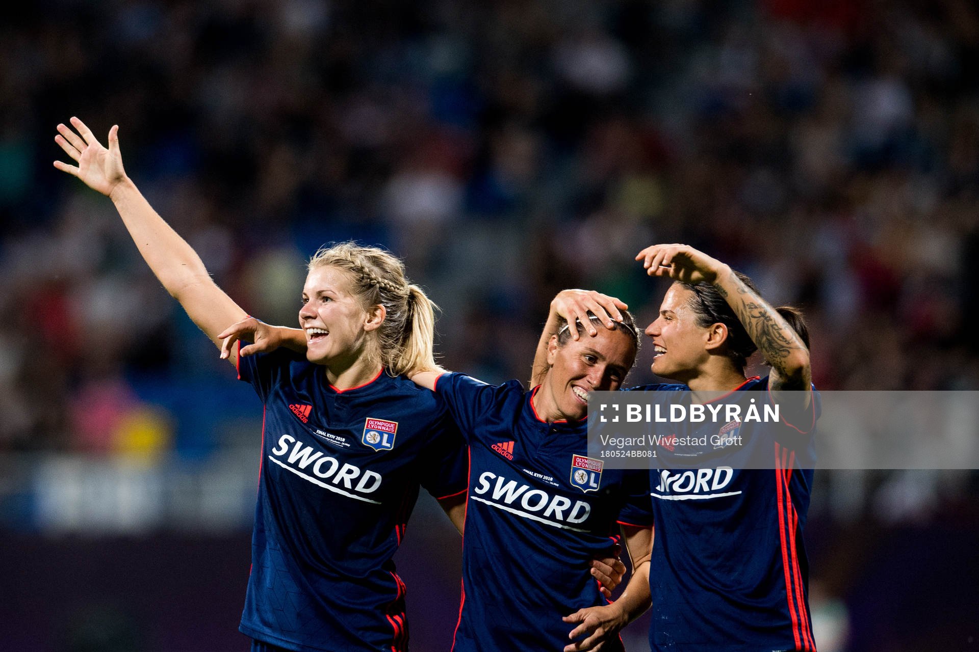 Ada Hegerberg, Camille Abily and Dzsenifer Marozsan of Lyon