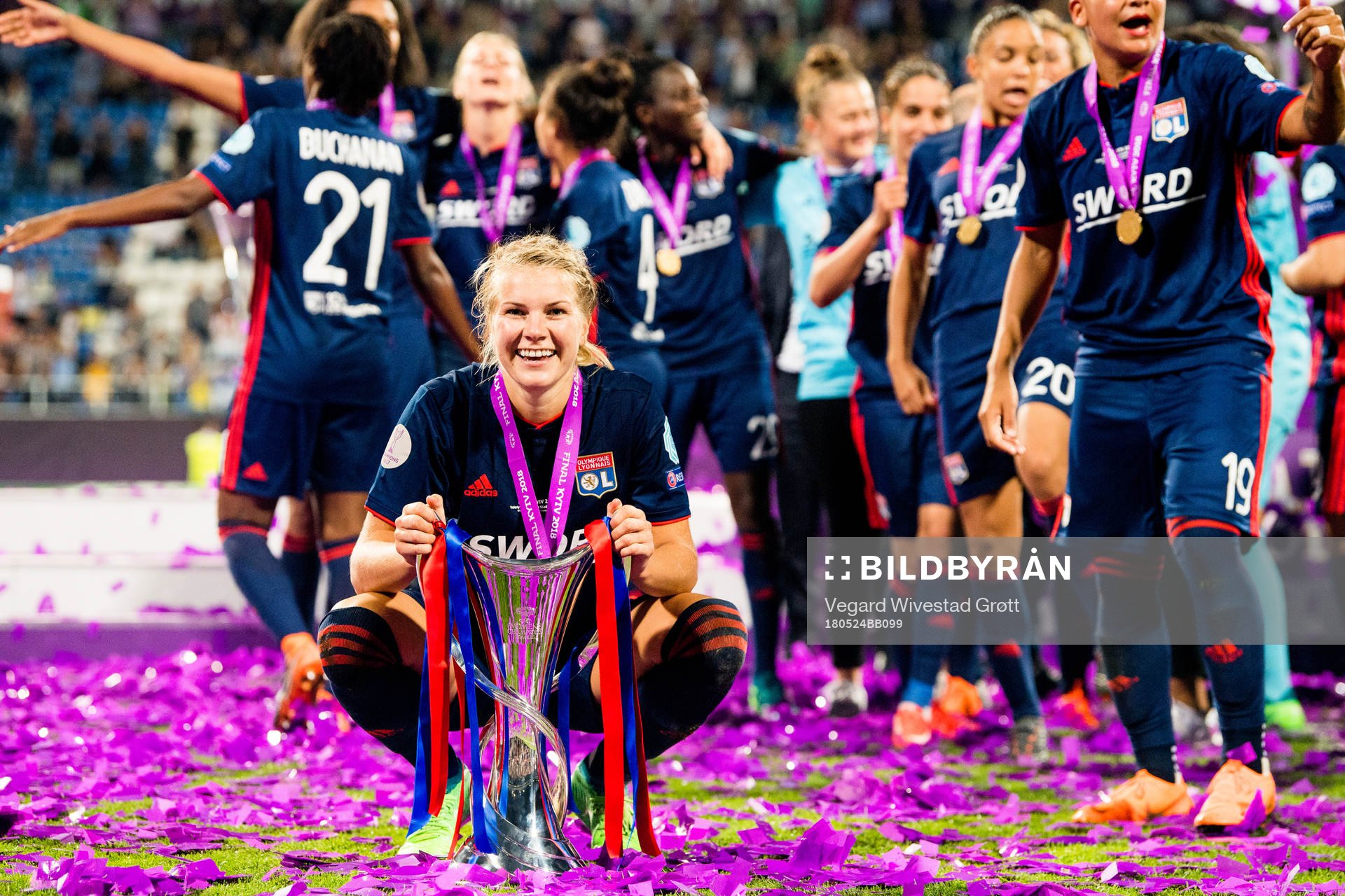 Ada Hegerberg of Lyon celebrates with the trophy after winning the UEFA Women's Champions League final between VfL Wolfsburg and Olympique Lyonnais on May 24, 2018 in Kyiv.