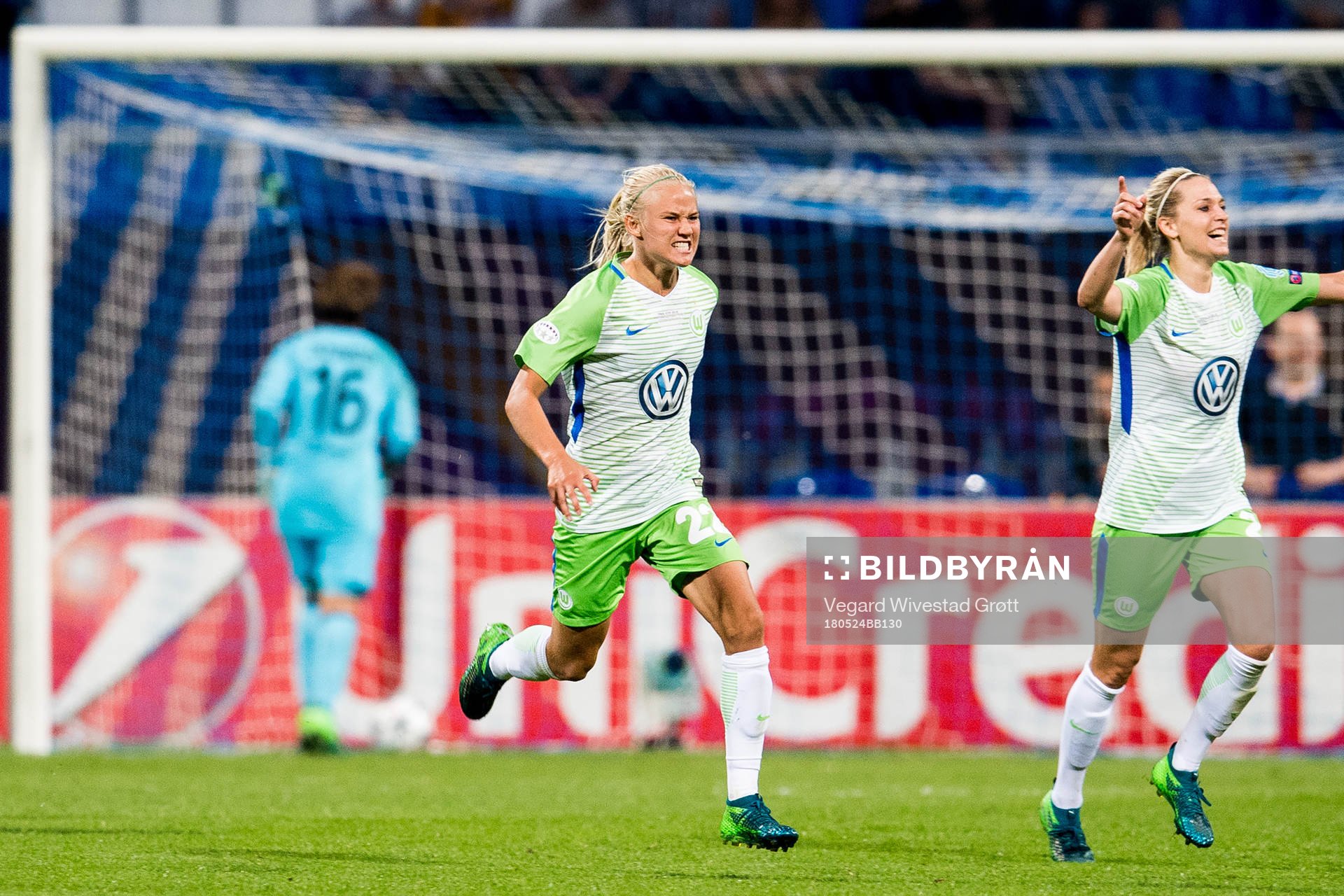 Pernille Harder of Wolfsburg celebrates scoring 1-0 in the extra-time during the UEFA Women's Champions League final between VfL Wolfsburg and Olympique Lyonnais on May 24, 2018 in Kyiv.