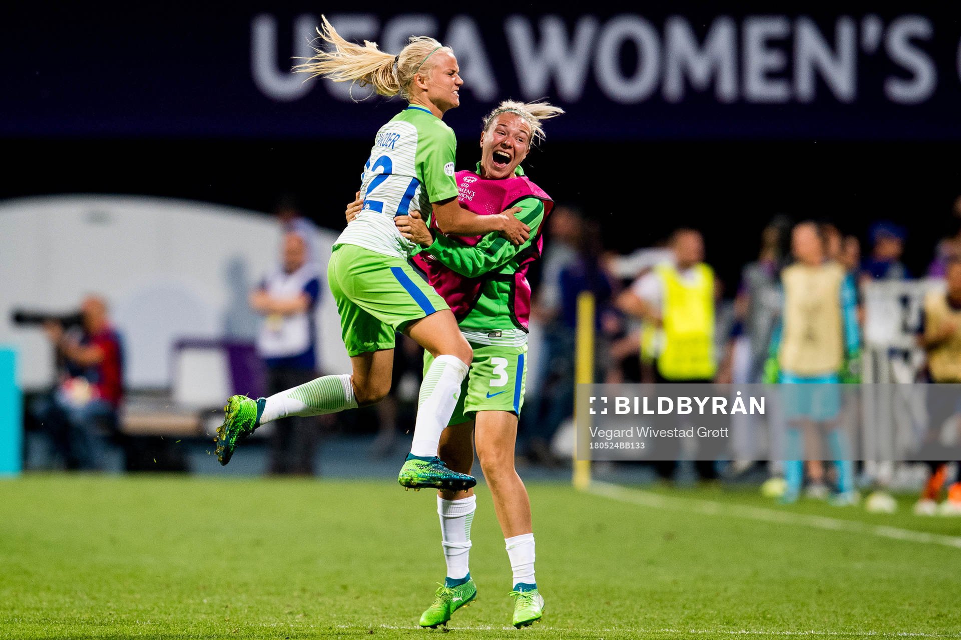 Pernille Harder of Wolfsburg celebrates with teammate