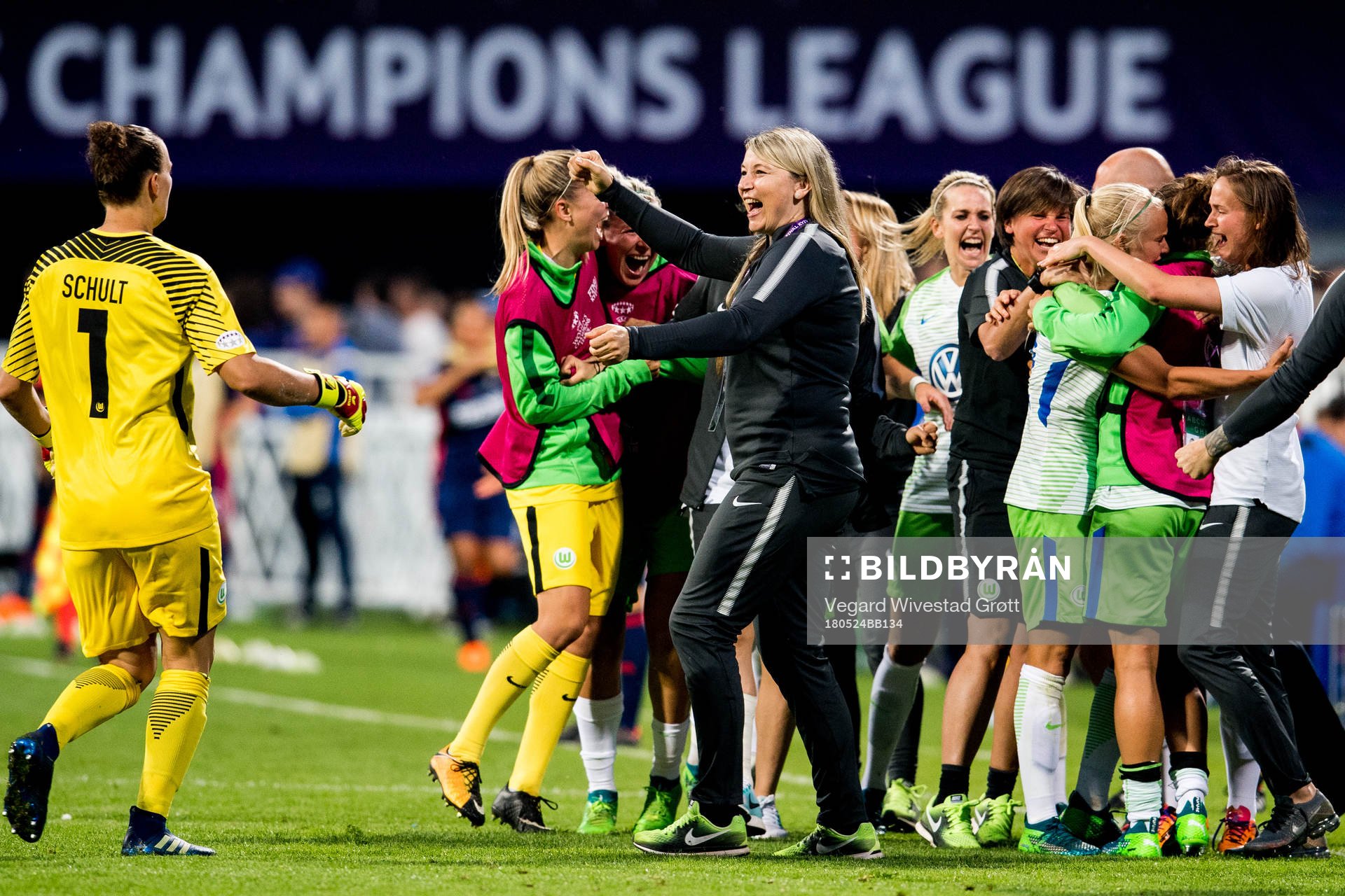Pernille Harder of Wolfsburg celebrates with teammate