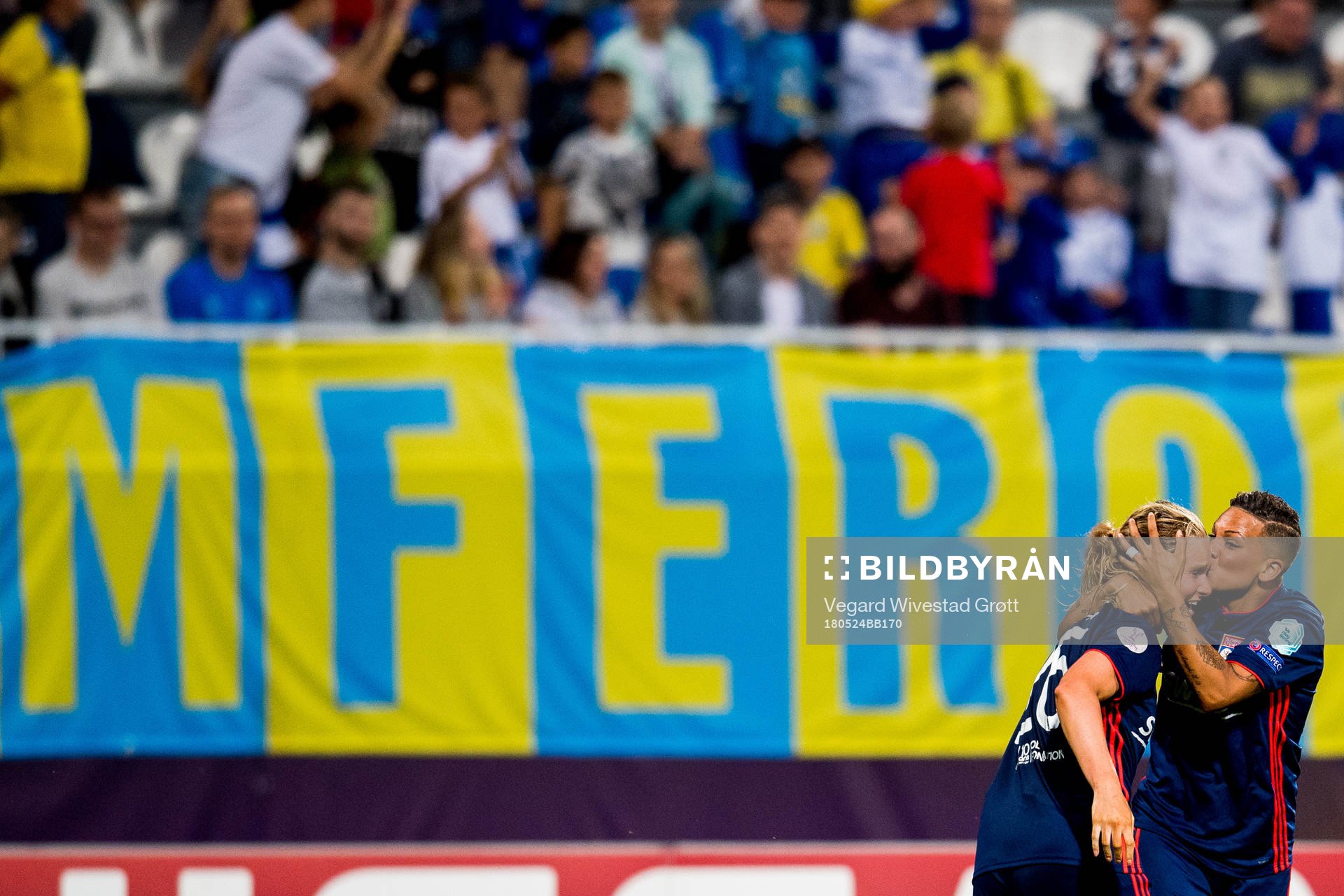 Amandine Henry of Lyon celebrates with teammate Shanice van de Sanden after scoring 1-1 during the UEFA Women's Champions League final between VfL Wolfsburg and Olympique Lyonnais on May 24, 2018 in Kyiv.