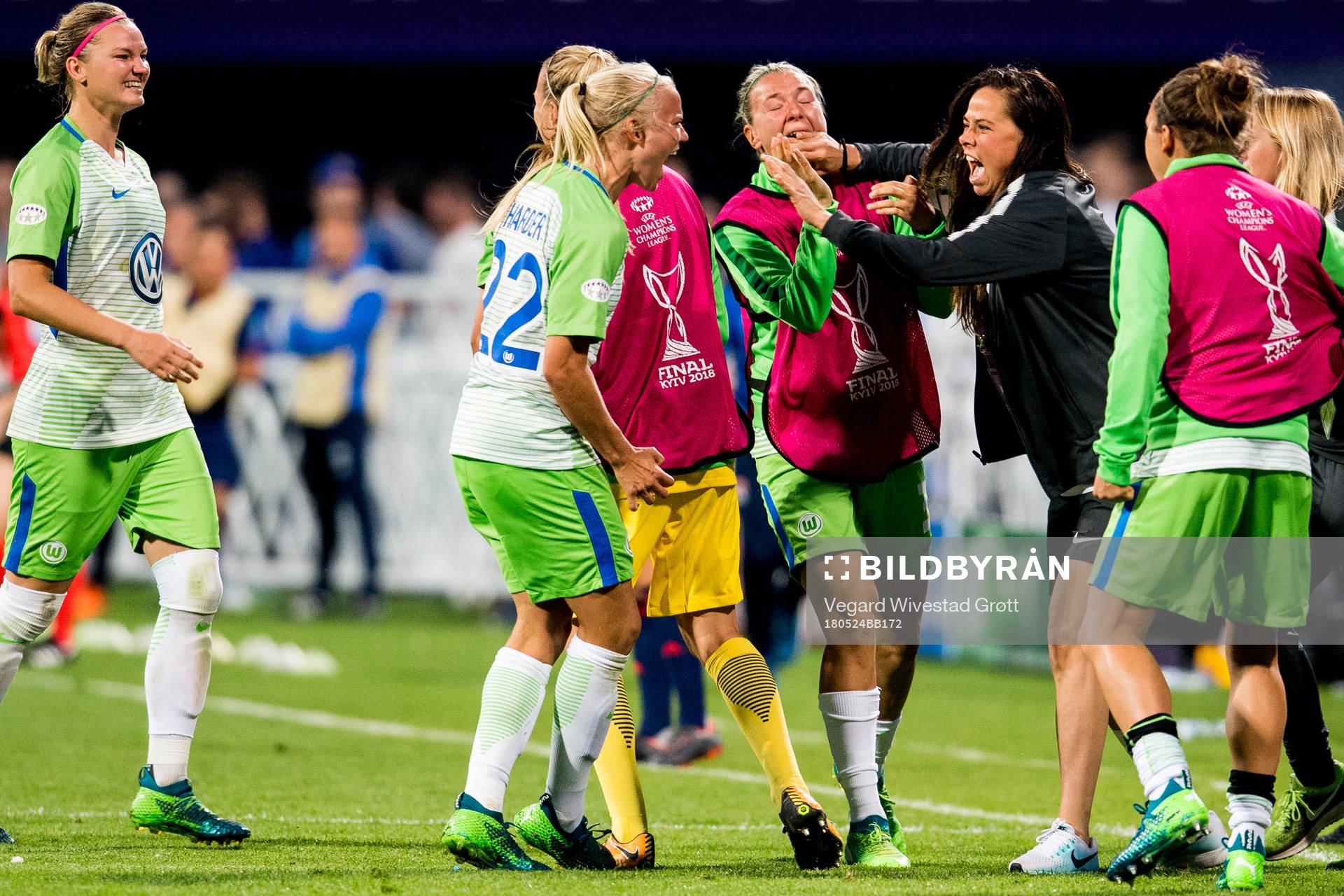 Pernille Harder of Wolfsburg celebrates with teammate Sara