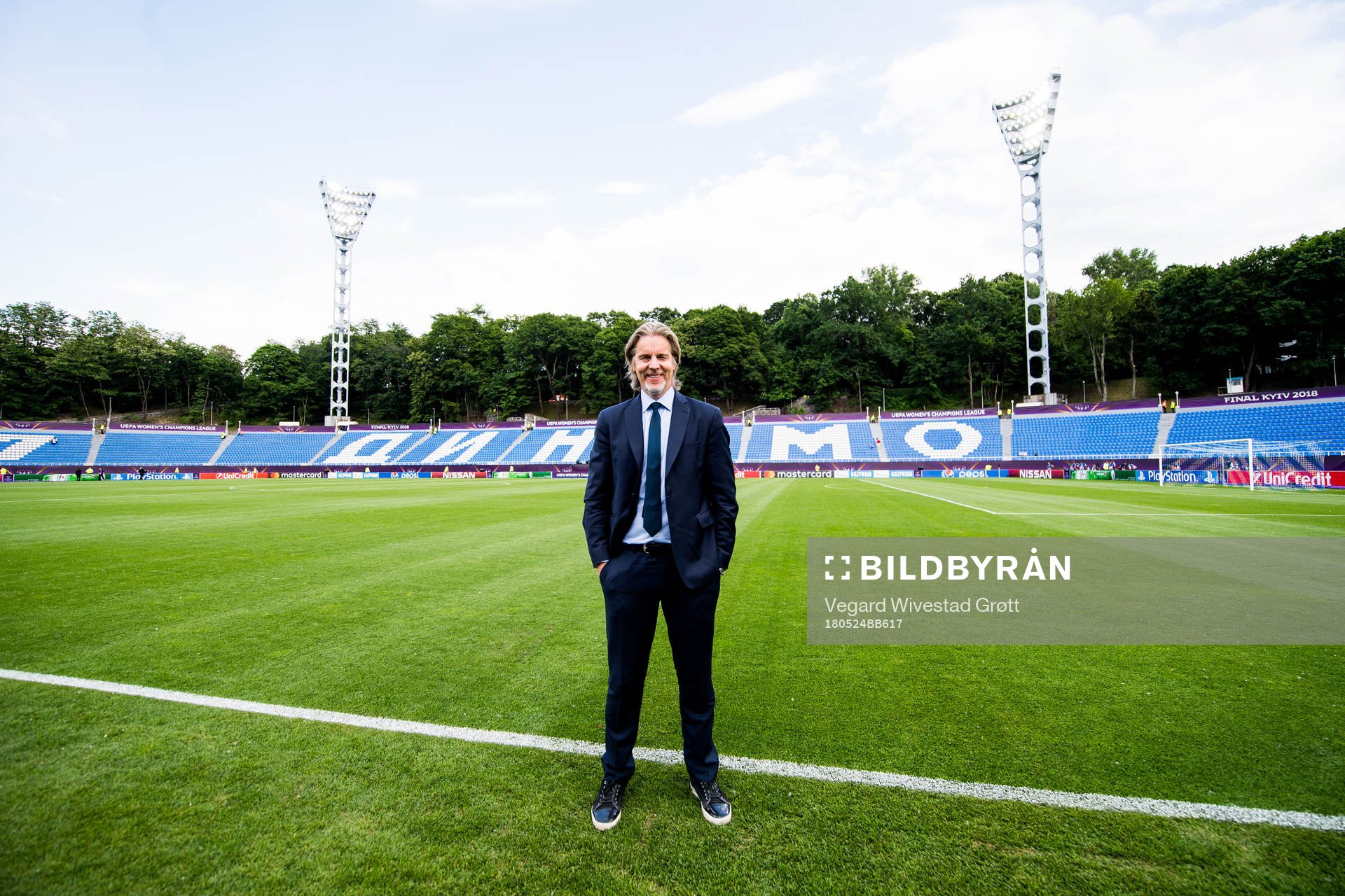 Jan Åge Fjørtoft, TV reporter, ahead of the UEFA Women's Champions League final between VfL Wolfsburg and Olympique Lyonnais on May 24, 2018 in Kyiv.