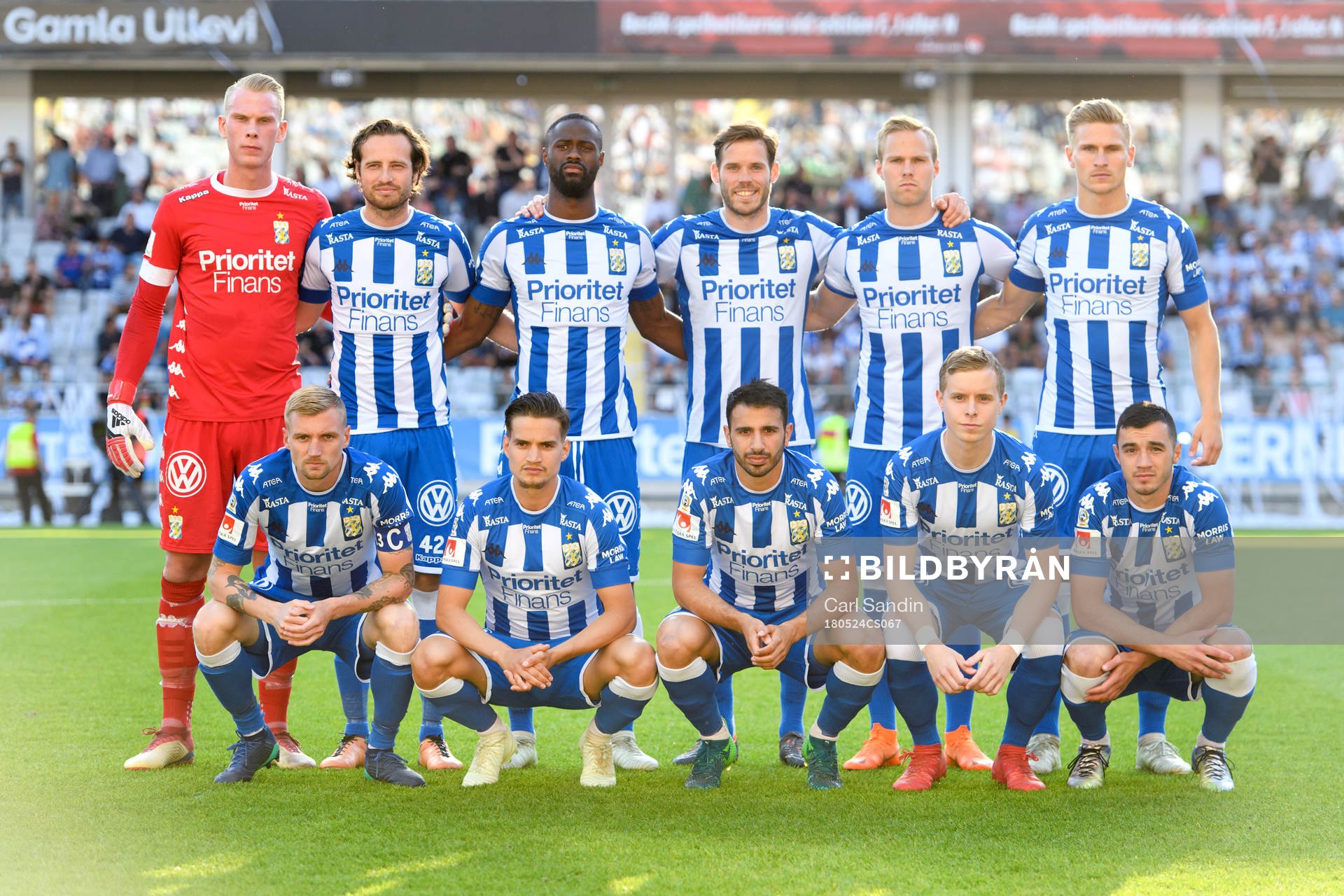 IFK Göteborgs startelva inför fotbollsmatchen i Allsvenskan mellan IFK Göteborg och Djurgården den 24 maj 2018 i Göteborg. Bakre raden fr.v. målvakt Pontus Dahlberg, Mikkel Diskerud, Vajebah Kaliefah Sakor, Emil Salomonsson, Gustav Engvall, Carl Starfelt. Främre raden fr.v. Sebastian Eriksson, Amin Affane, André Calisir, Victor Wernersson och Giorgi Kharaishvili.