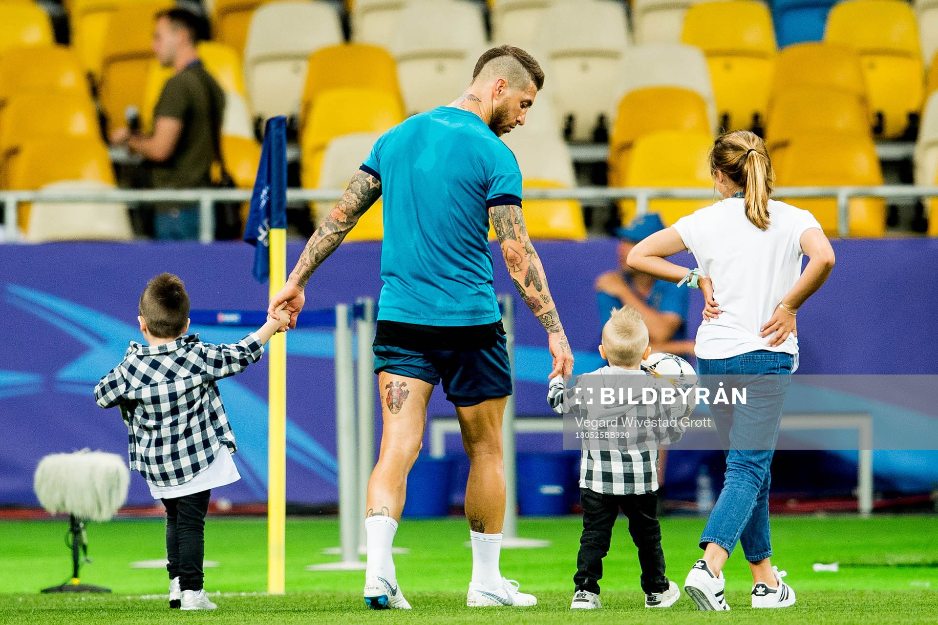 Sergio Ramos of Real Madrid with his sons Sergio Ramos Rubio and Marco Ramos Rubio during a training session on May 25, 2018 in Kyiv.