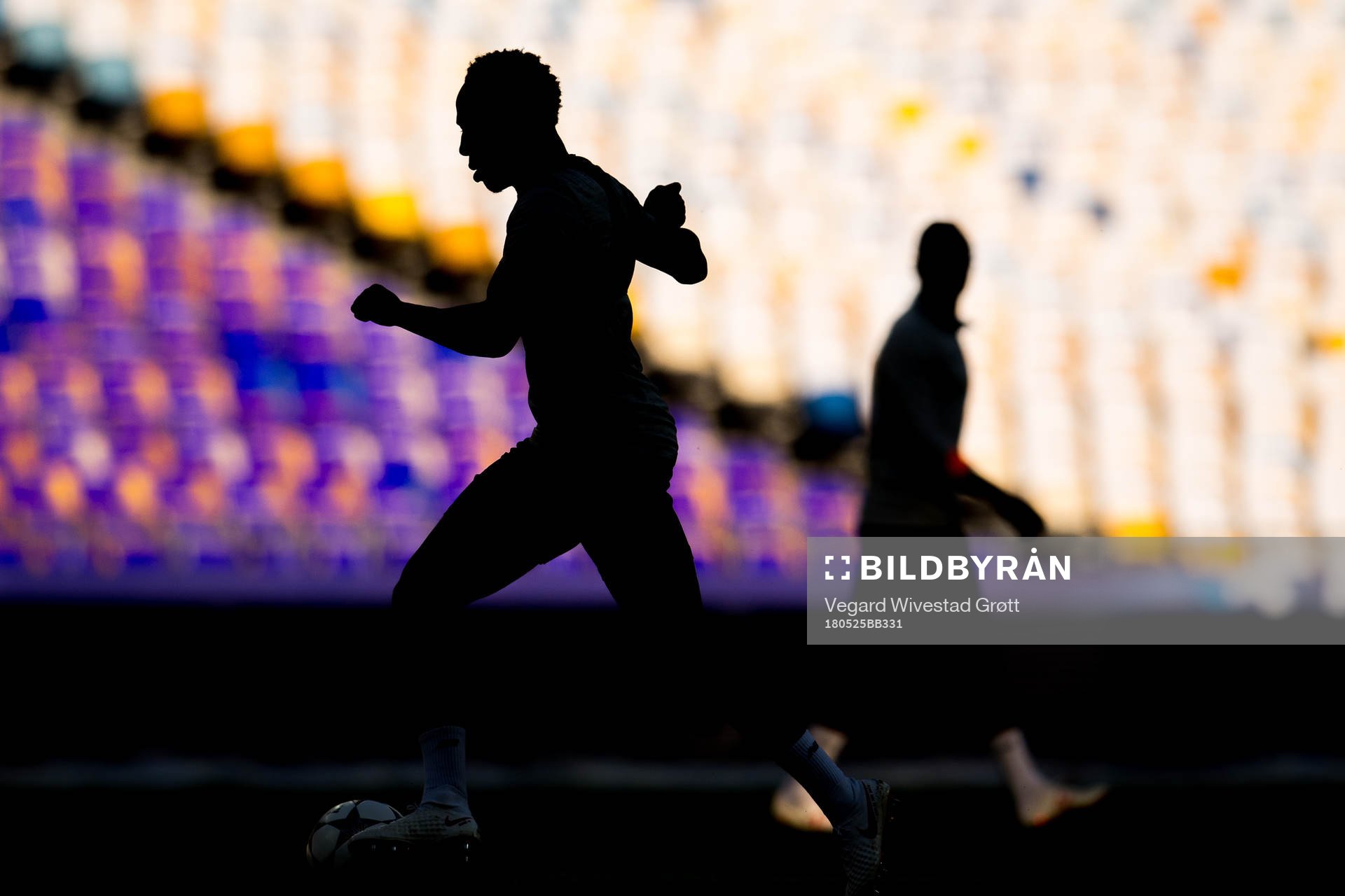 The silhouette of Nathaniel Clyne of Liverpool during a training session on May 25, 2018 in Kyiv.