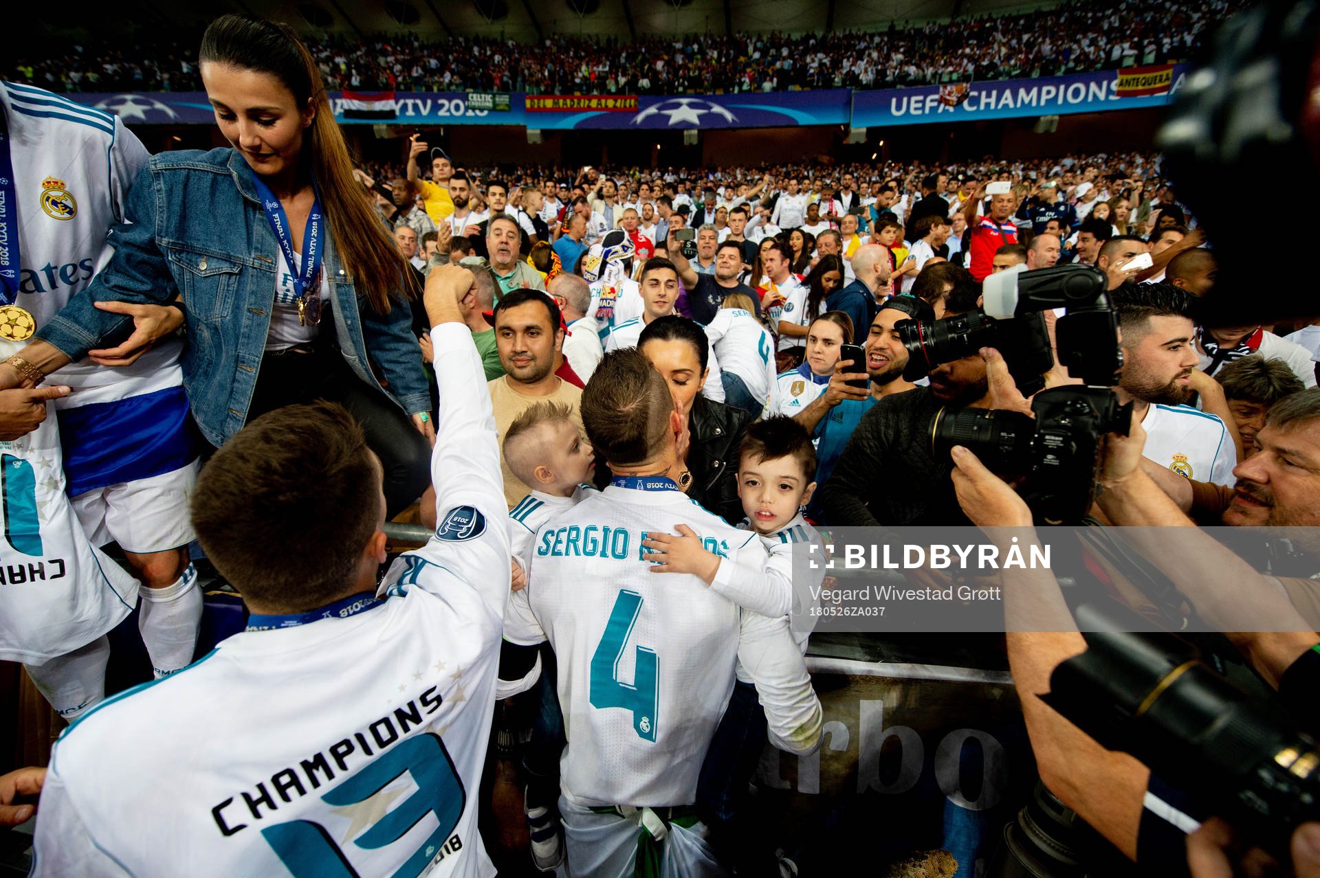 Sergio Ramos of Real Madrid kisses his wife Pilar Rubio