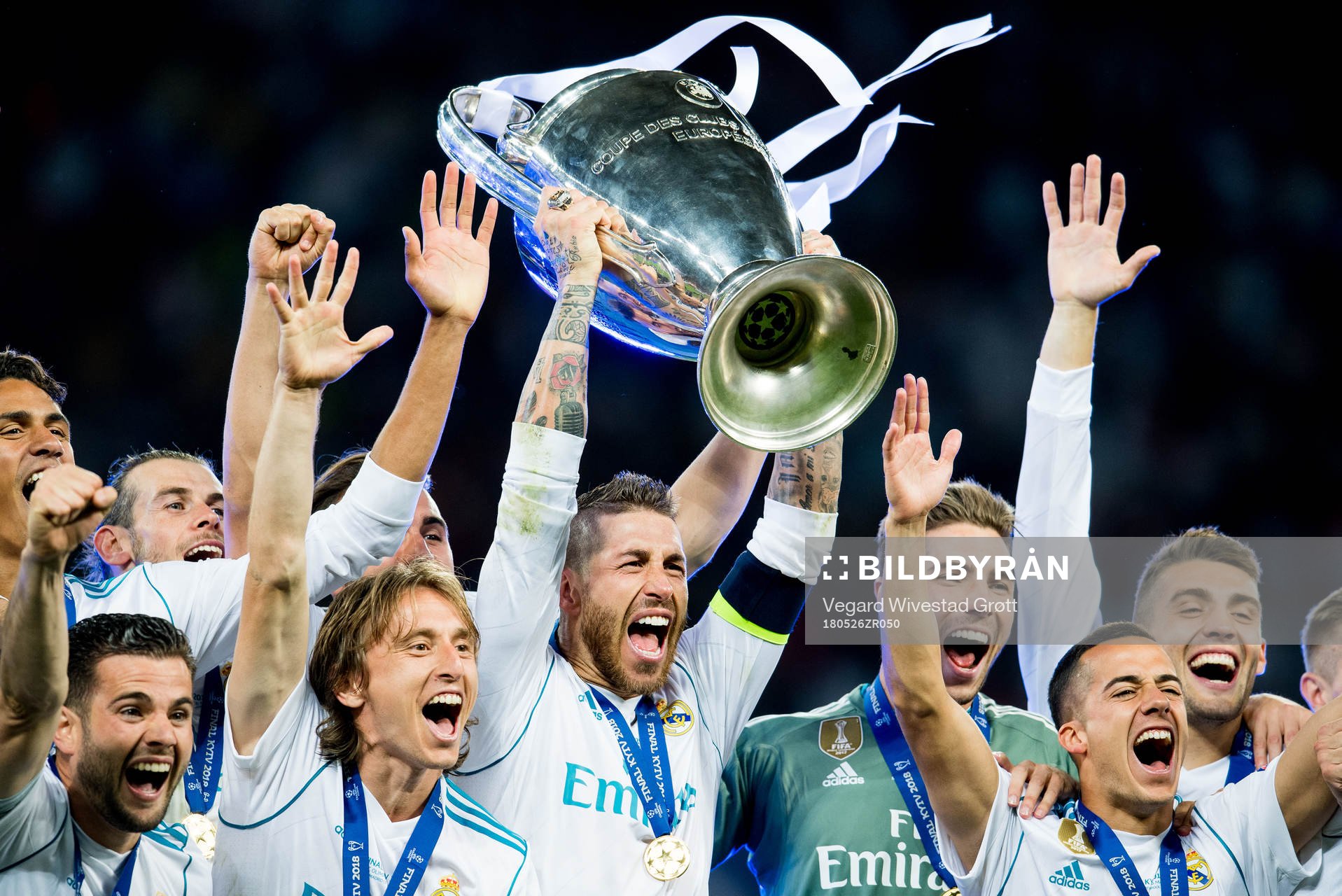Sergio Ramos of Real Madrid lifts the trophy after winning the UEFA Champions League final between Real Madrid and Liverpool on May 26, 2018 in Kyiv.