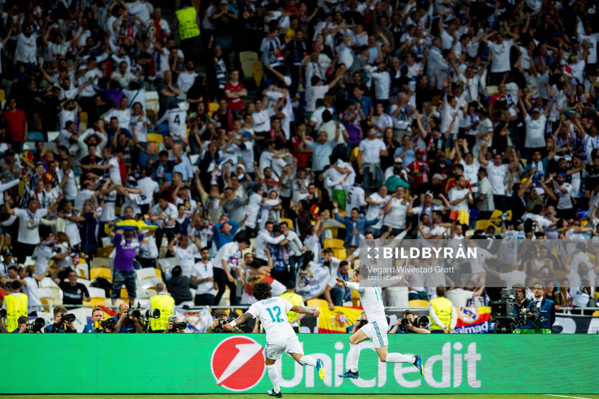 Gareth Bale of Real Madrid celebrates with teammate Marcelo