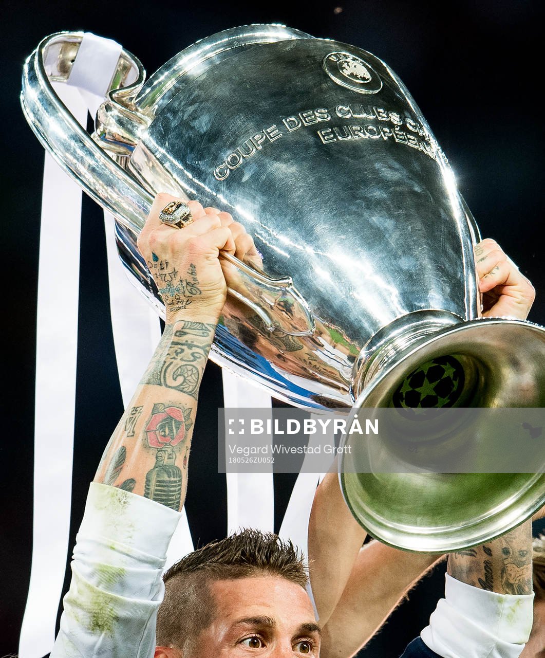 Sergio Ramos of Real Madrid lifts the trophy after winning the UEFA Champions League final between Real Madrid and Liverpool on May 26, 2018 in Kyiv.