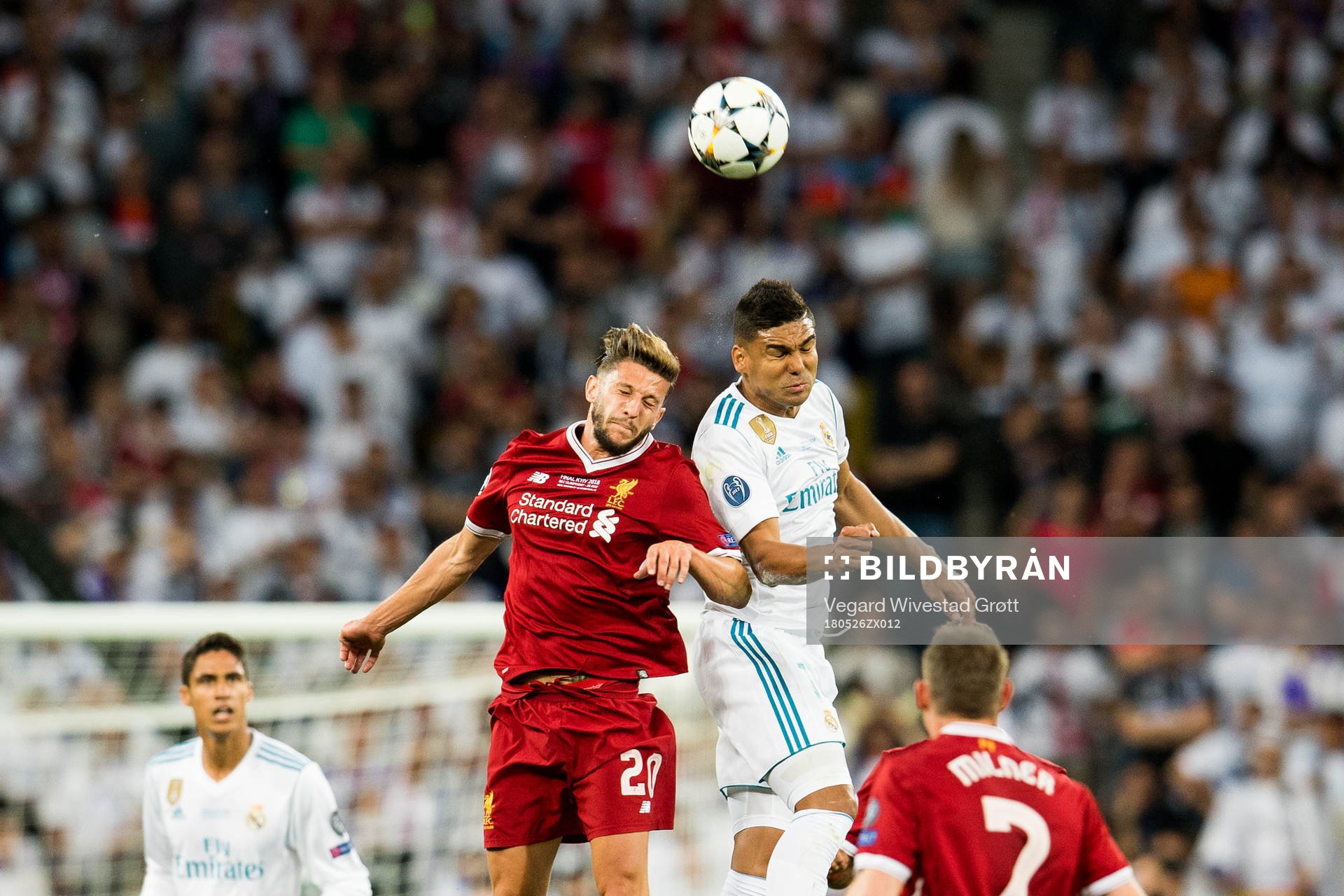 Adam Lallana of Liverpool and Casemiro of Real Madrid during the UEFA Champions League final between Real Madrid and Liverpool on May 26, 2018 in Kyiv.