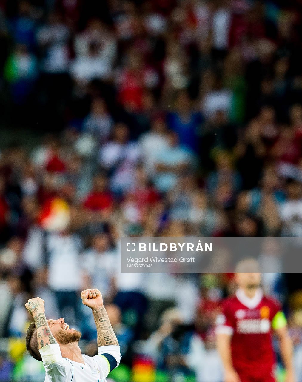 Sergio Ramos of Real Madrid celebrates at the final whistle during the UEFA Champions League final between Real Madrid and Liverpool on May 26, 2018 in Kyiv.