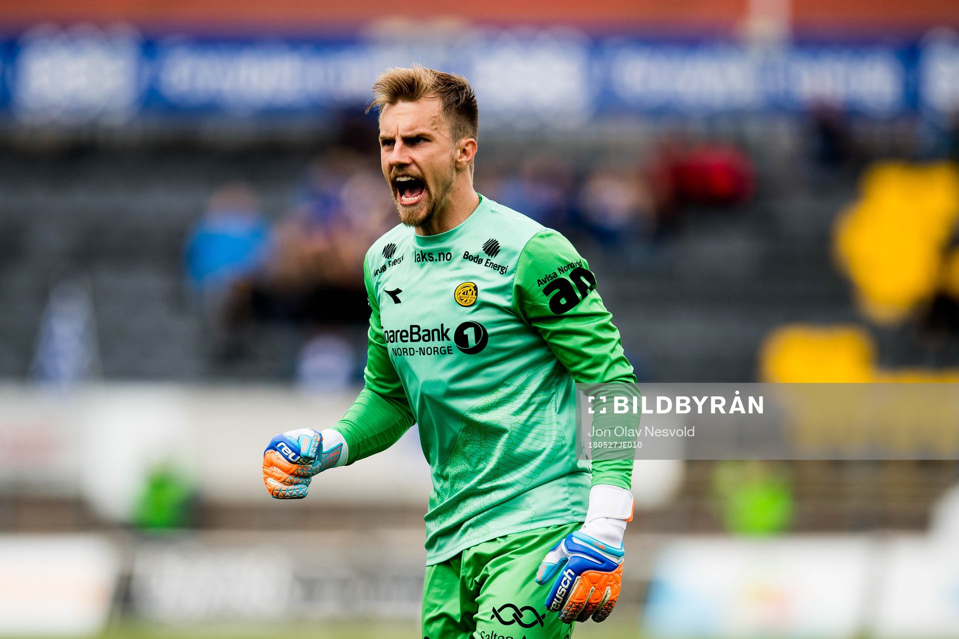 Goalkeeper Ricardo Friedrich of Bodø/Glimt celebrates the 1-0 goal during the Eliteserien match between Bodø/Glimt and Ranheim on May 27, 2018 in Bodø.