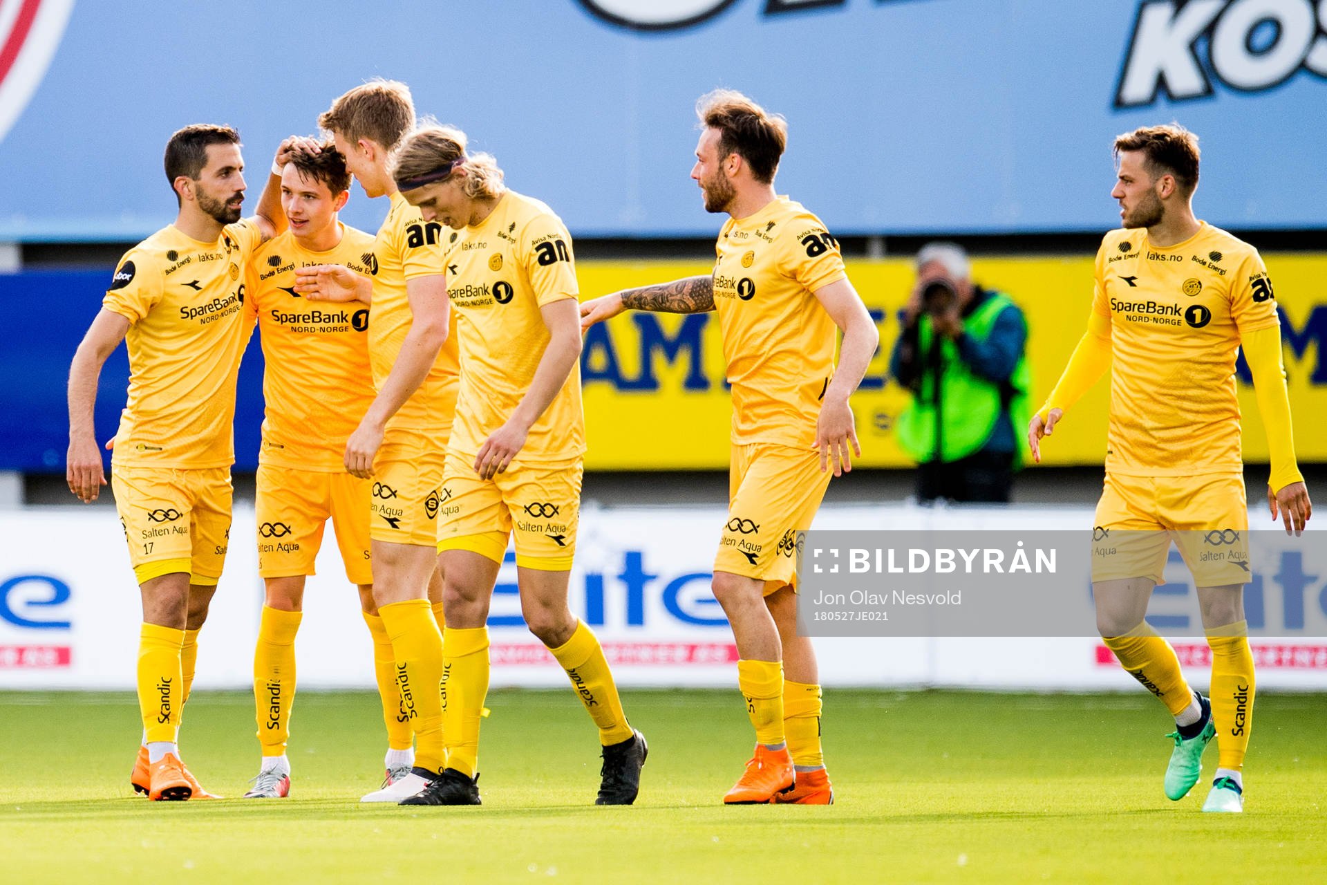 Håkon Evjen of Bodø/Glimt celebrates 2-0 with teammates during the Eliteserien match between Bodø/Glimt and Ranheim on May 27, 2018 in Bodø.