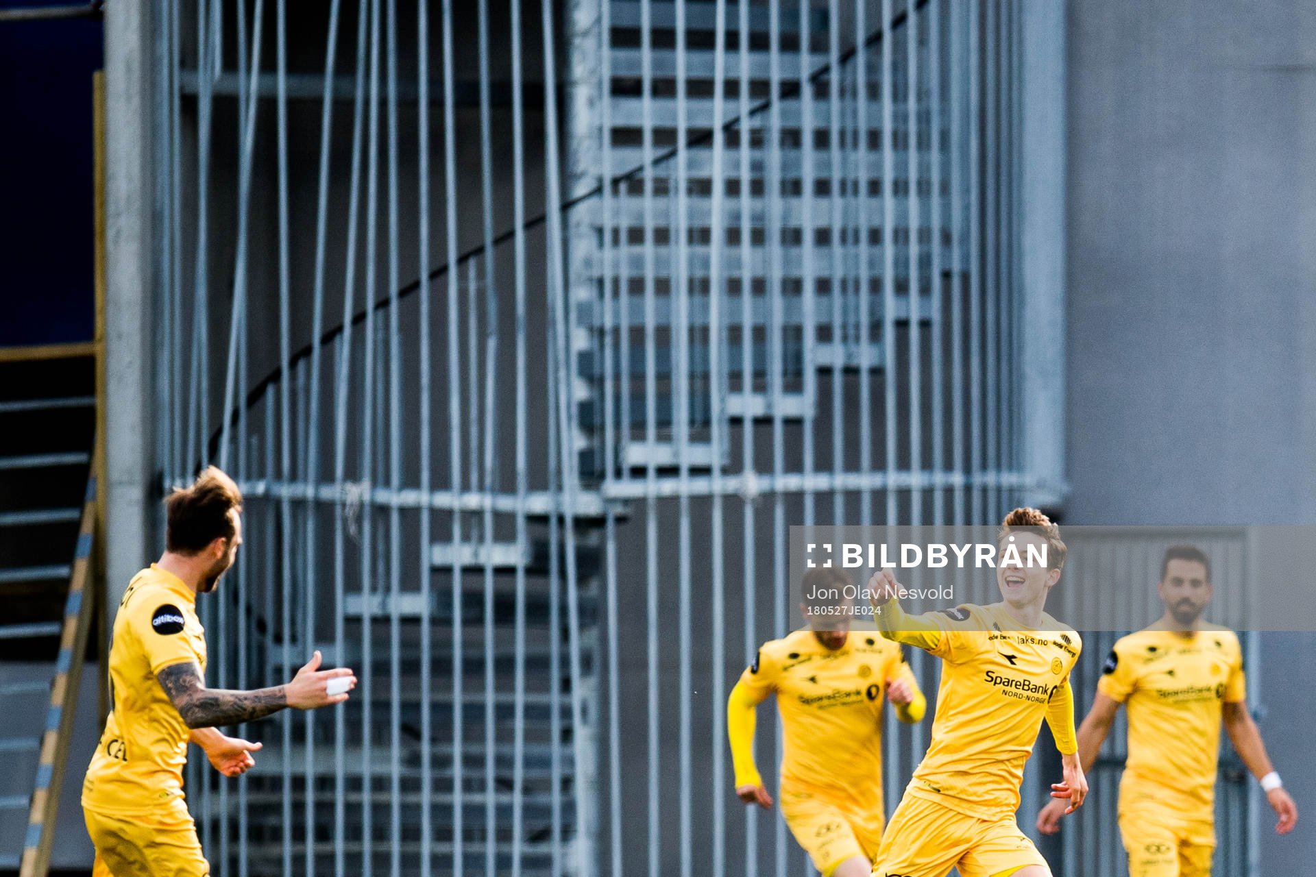 Ulrik Saltnes of Bodø/Glimt celebrates the 2-0 goal with teammates during the Eliteserien match between Bodø/Glimt and Ranheim on May 27, 2018 in Bodø.