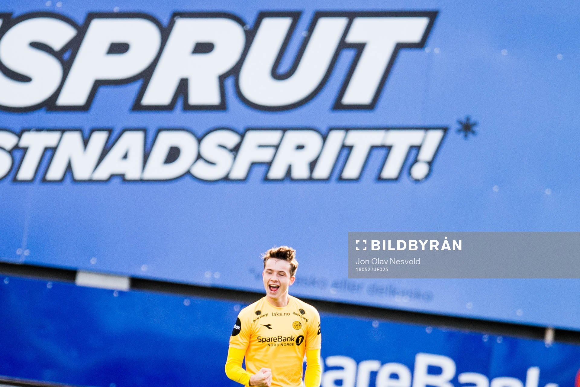 Ulrik Saltnes of Bodø/Glimt celebrates the 2-0 goal during the Eliteserien match between Bodø/Glimt and Ranheim on May 27, 2018 in Bodø.