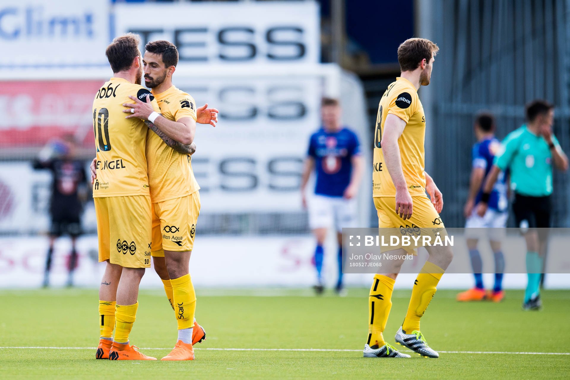 José Ángel and Isidoro of Bodø/Glimt celebrate the 3-0 goal during the Eliteserien match between Bodø/Glimt and Ranheim on May 27, 2018 in Bodø.