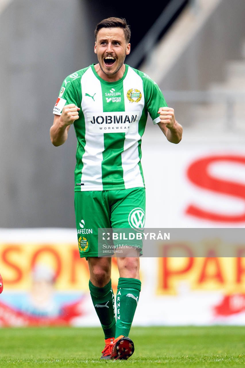 Hammarbys Jeppe Andersen jublar efter 1-1 under fotbollsmatchen i Allsvenskan mellan Kalmar och Hammarby den 27 maj 2018 i Kalmar.