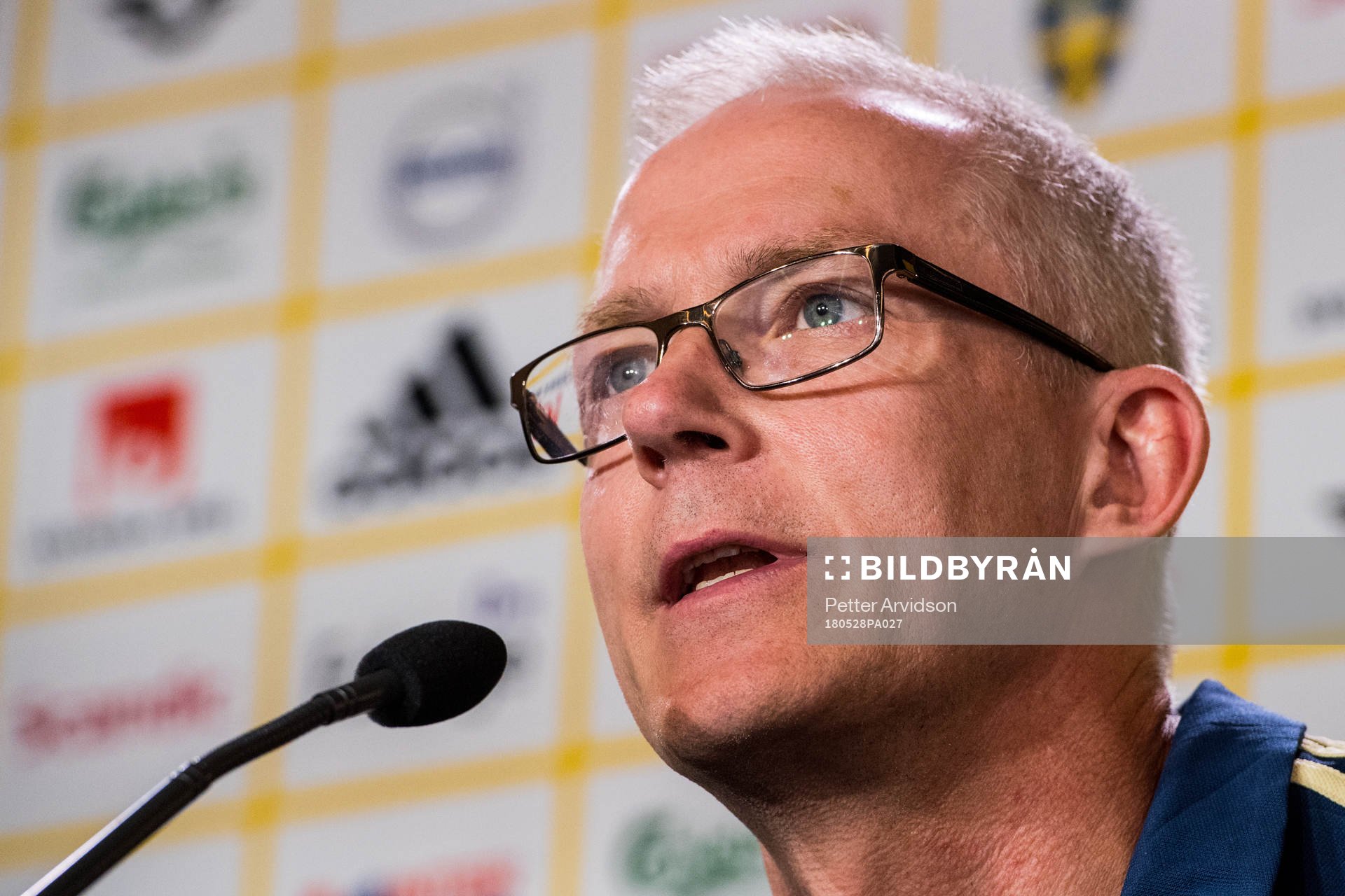 Svenska fotbollförbundets kommunikatör Staffan Stjernholm under en presskonferens som anordnas av Svenska Fotbollförbundet den 28 maj 2018 i Båstad.