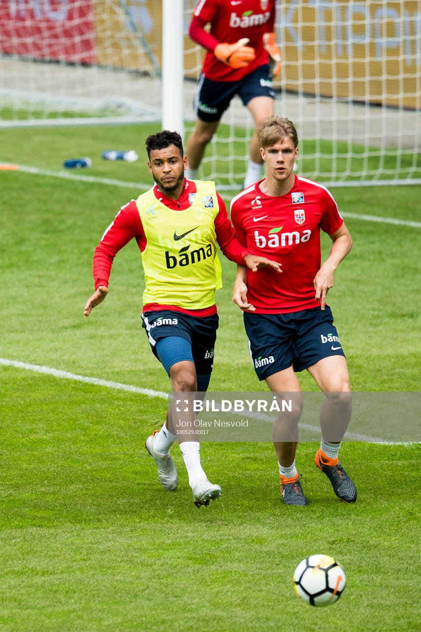 Joshua King and Kristoffer Ajer of Norway