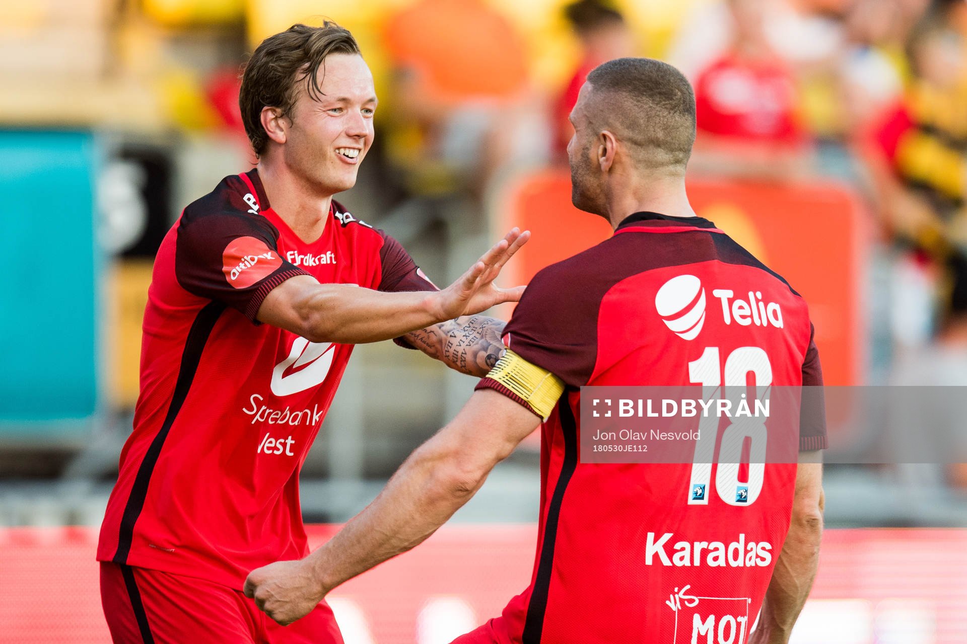 Fredrik Haugen and Azar Karadas of Brann celebrate the 1-1