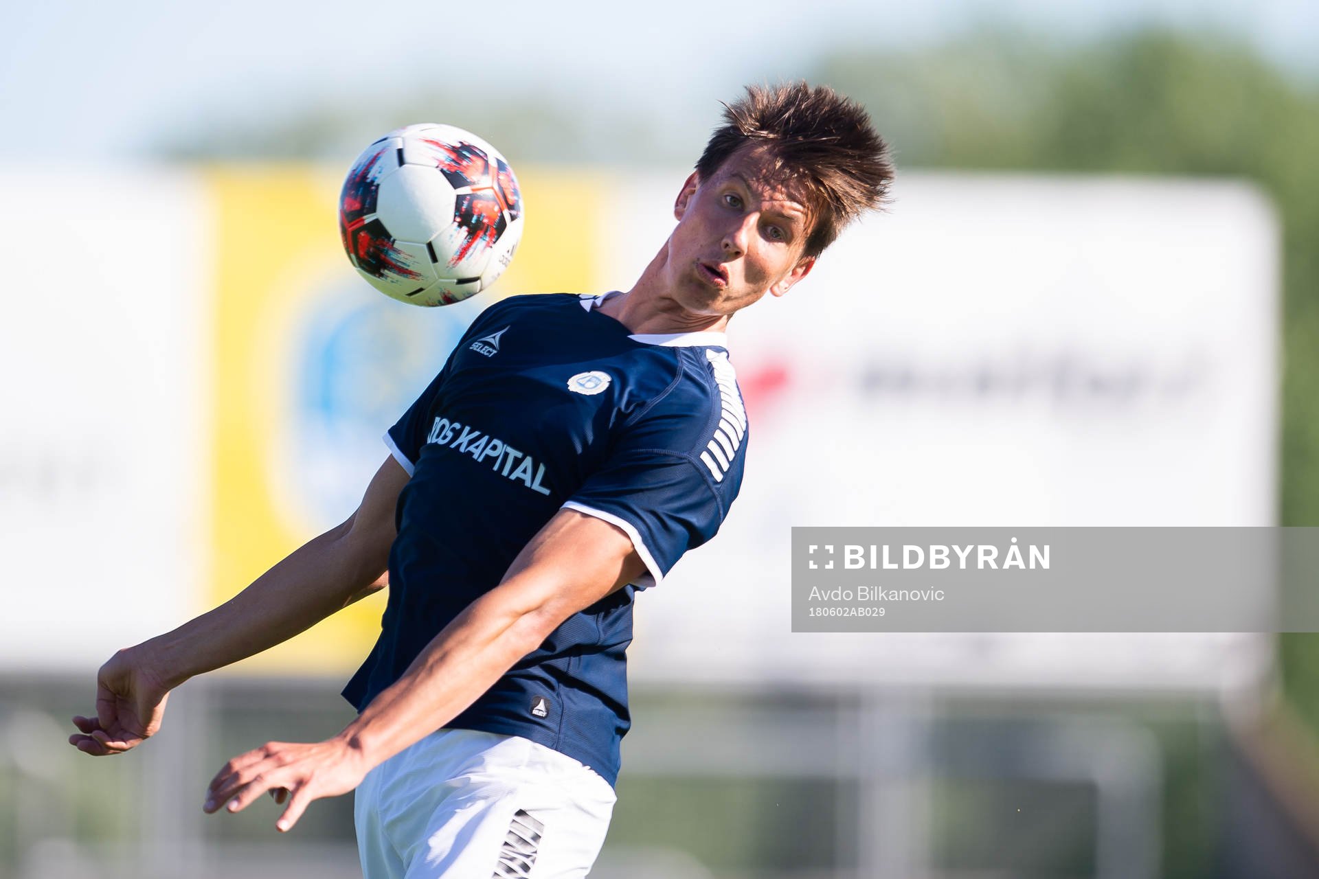 Utsikten Simon Andersson under fotbollsmatchen i Division 1 Södra mellan Ängelholm och Utsikten den 2 juni 2018 i Ängelholm.