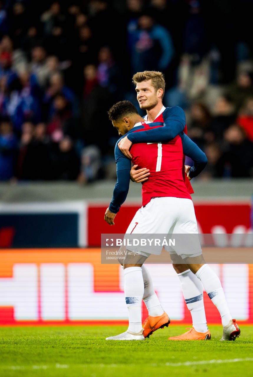 Alexander Sørloth and Joshua King of Norway celebrate after the 2-3 goal during the international friendly football match between Iceland and Norway on June 2, 2018 in Reykjavik.
