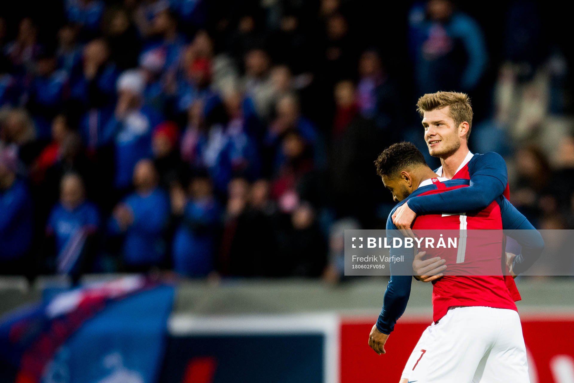 Alexander Sørloth and Joshua King of Norway celebrate after the 2-3 goal during the international friendly football match between Iceland and Norway on June 2, 2018 in Reykjavik.

