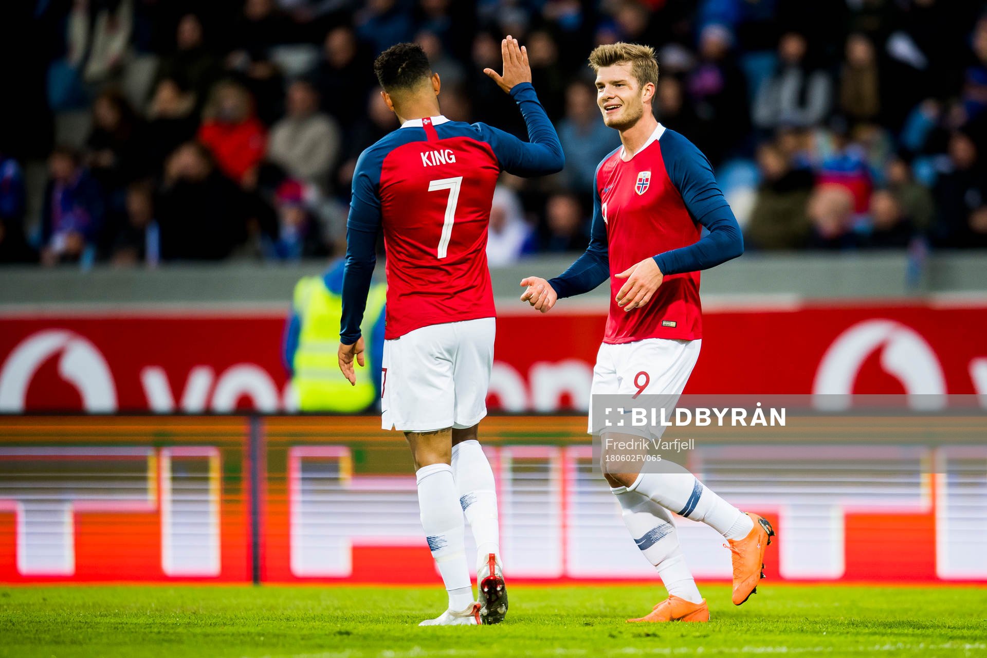 Alexander Sørloth of Norway celebrates with Joshua King of