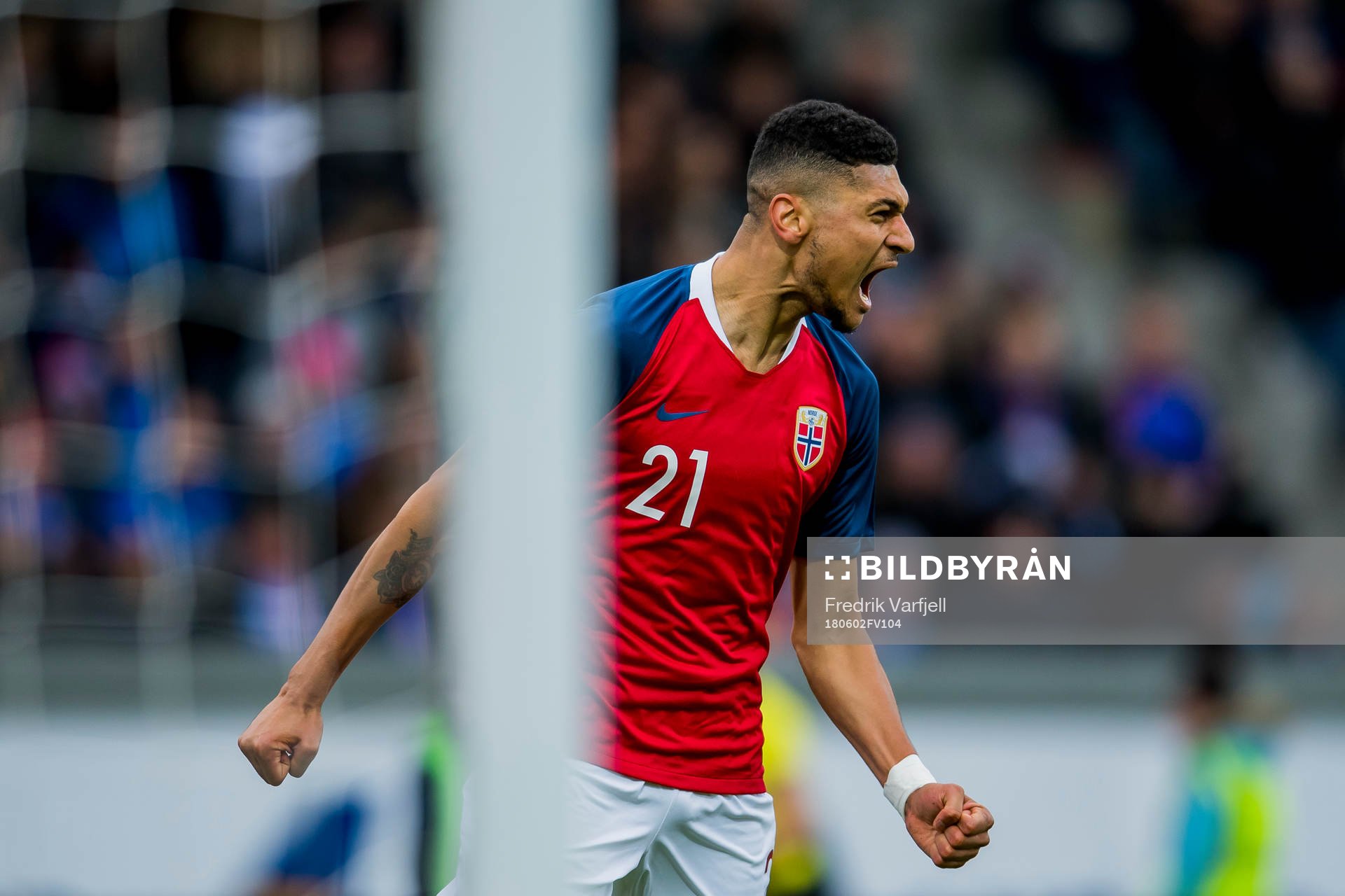 Bjørn Maars Johnsen of Norway celebrates after scoring 0-1 during the international friendly football match between Iceland and Norway on June 2, 2018 in Reykjavik.