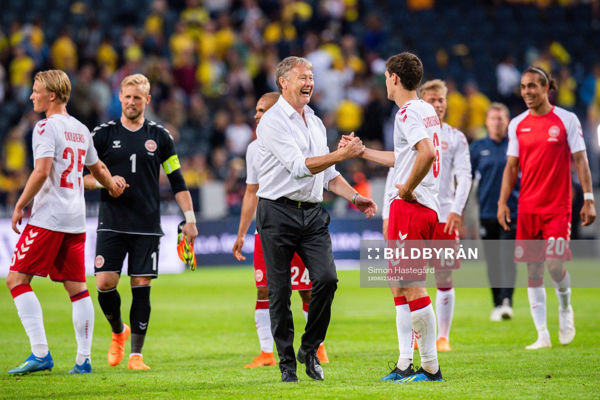 Danmarks förbundskapten Åge Hareide jublar med spelarna