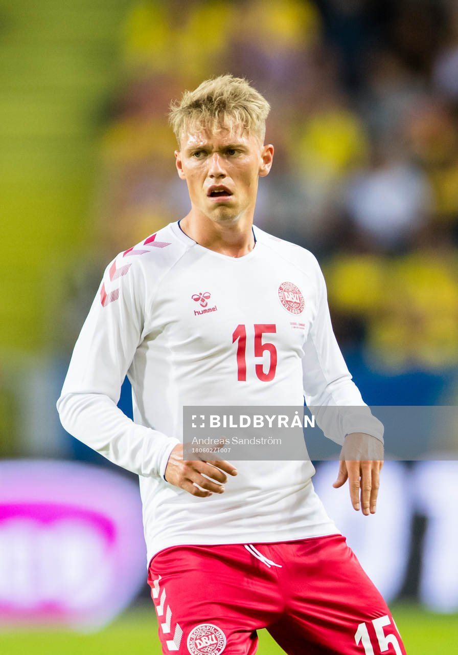 Danmarks Viktor Fischer under träningslandskampen i fotboll mellan Sverige och Danmark den 2 juni 2018 i Stockholm. 