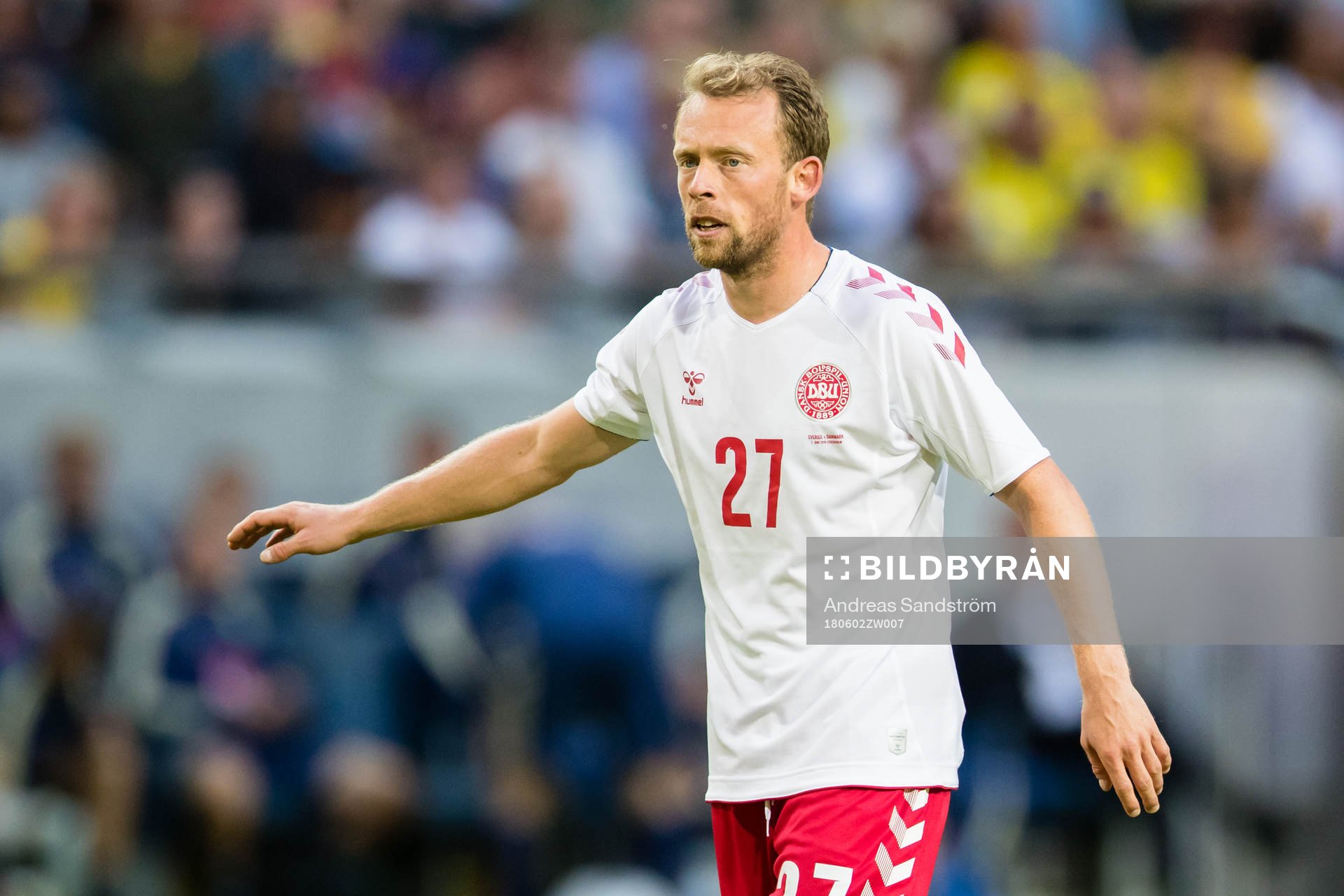 Danmarks Michael Krohn-Dehli under träningslandskampen i fotboll mellan Sverige och Danmark den 2 juni 2018 i Stockholm. 