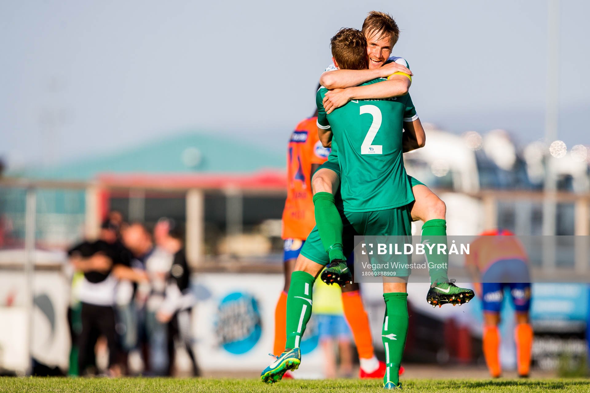 Bjarte Haugsdal and Erlend Hellevik Larsen of Nest-Sotra celebrate after the OBOS-ligaen match between Nest-Sotra and Aalesund on June 3, 2018 in Ågotnes.