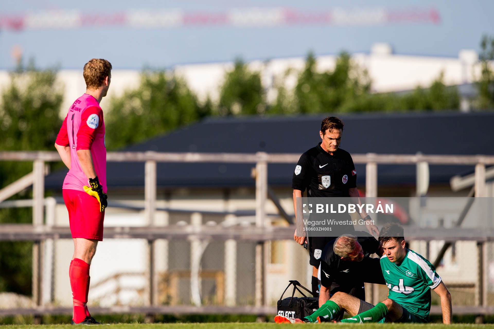 Peter Sørensen Nergaard of Nest-Sotra with an injury during the OBOS-ligaen match between Nest-Sotra and Aalesund on June 3, 2018 in Ågotnes.