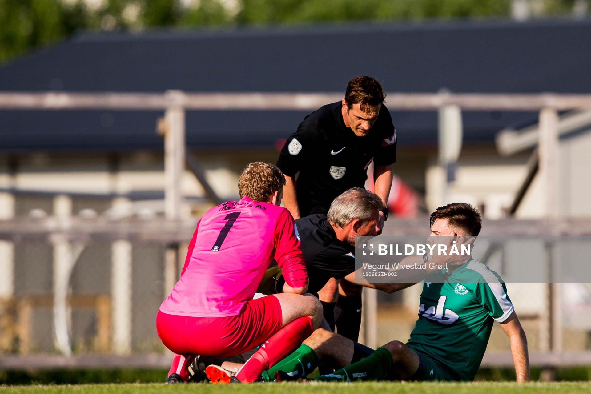 Peter Sørensen Nergaard of Nest-Sotra with an injury during the OBOS-ligaen match between Nest-Sotra and Aalesund on June 3, 2018 in Ågotnes.