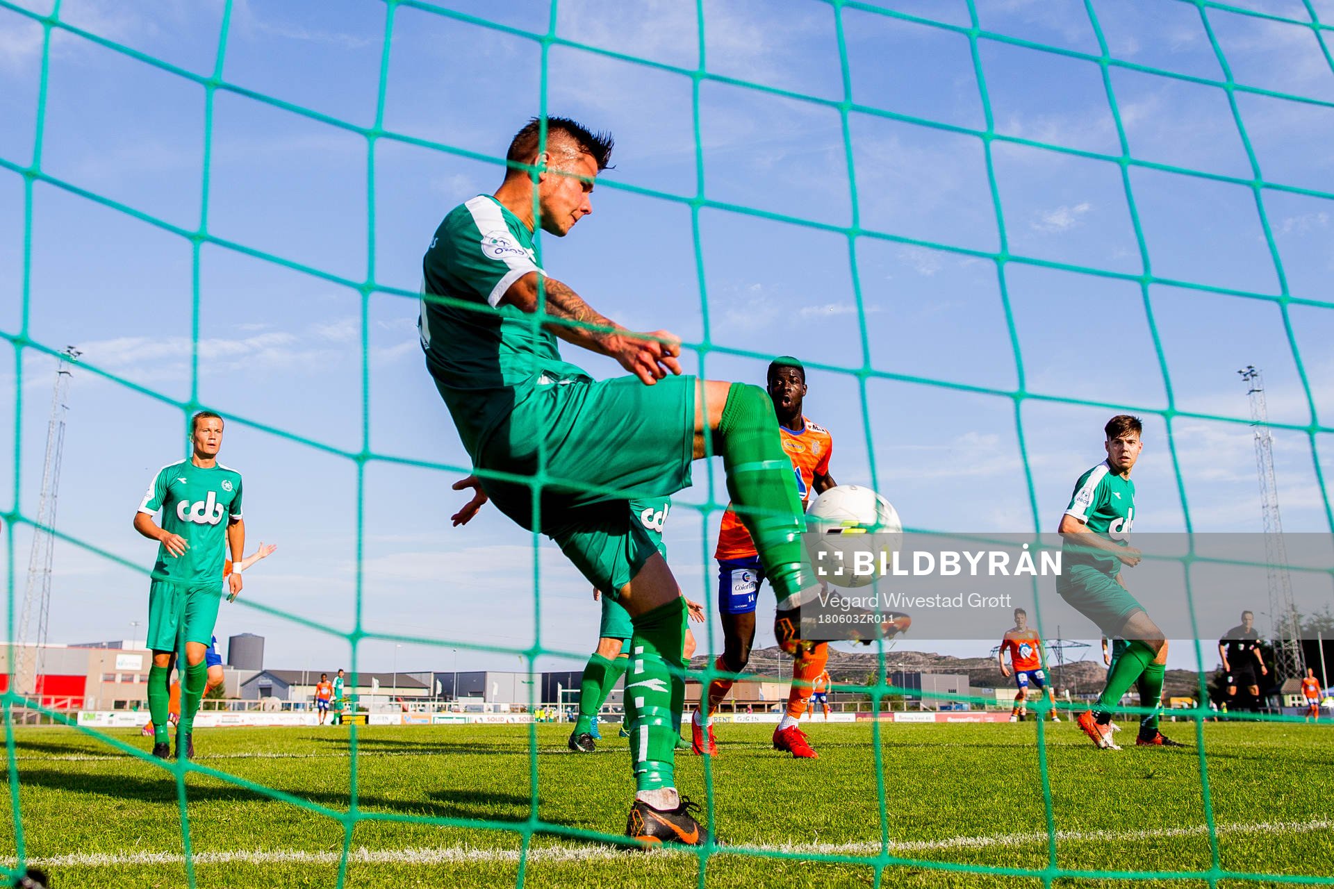 Alexander Dang of Nest-Sotra saves the ball on the line during the OBOS-ligaen match between Nest-Sotra and Aalesund on June 3, 2018 in Ågotnes.