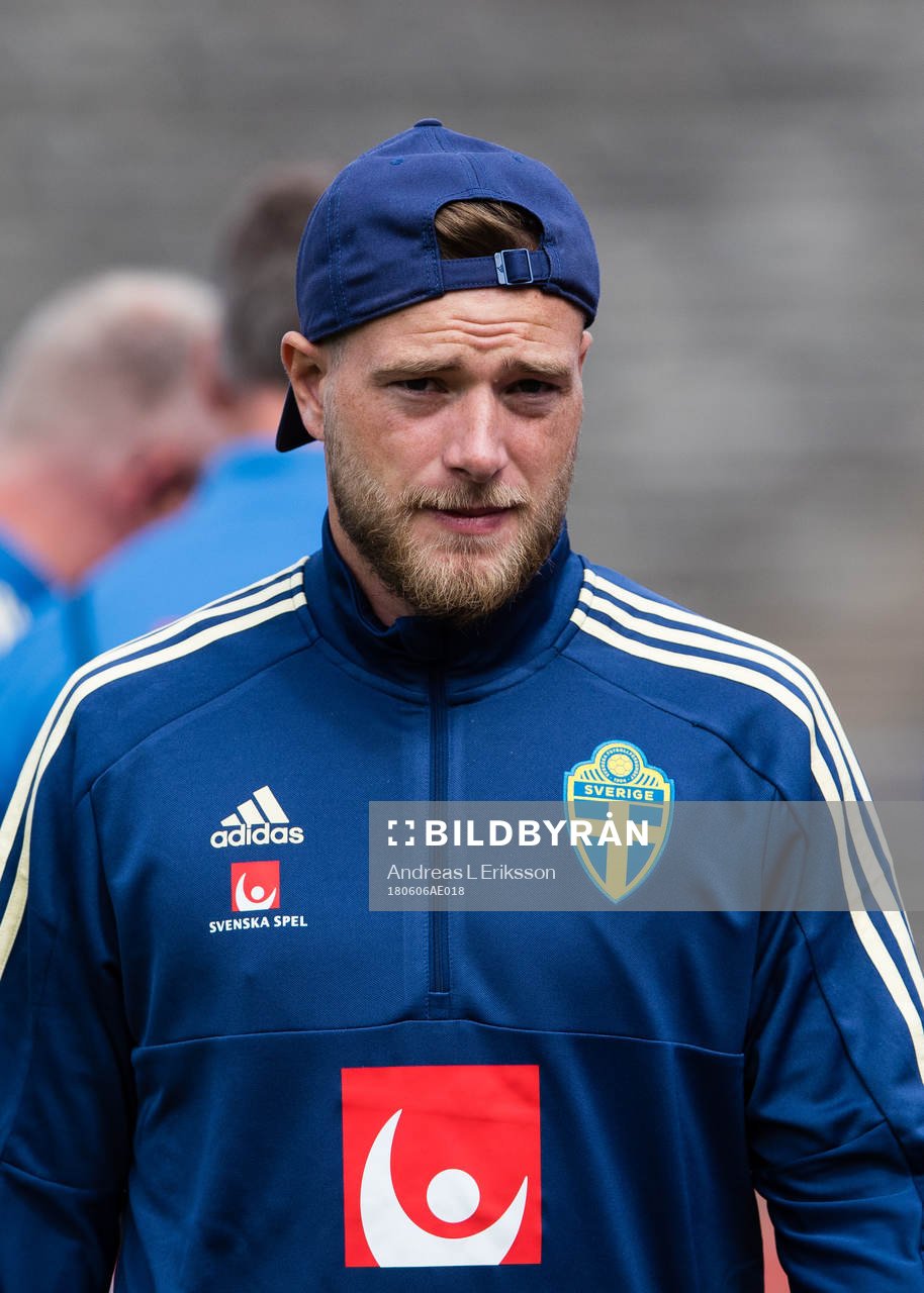 Sveriges John Guidetti under en träning med Sveriges fotbollslandslag den 6 juni 2018 i Stockholm. 