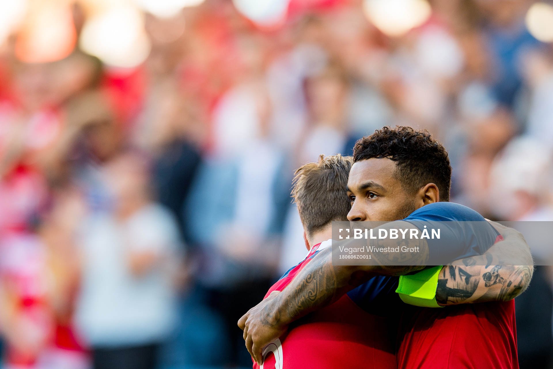 Joshua King of Norway celebrates with teammate Stefan Johansen after scoring 1-0 during the international friendly football match between Norway and Panama on June 6, 2018 in Oslo.