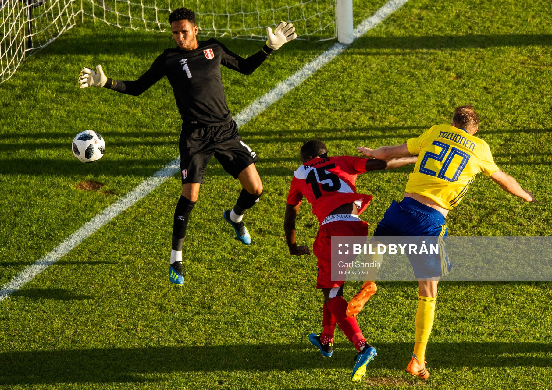 Ola Toivonen of Sweden challenges goalkeeper Pedro Gallese