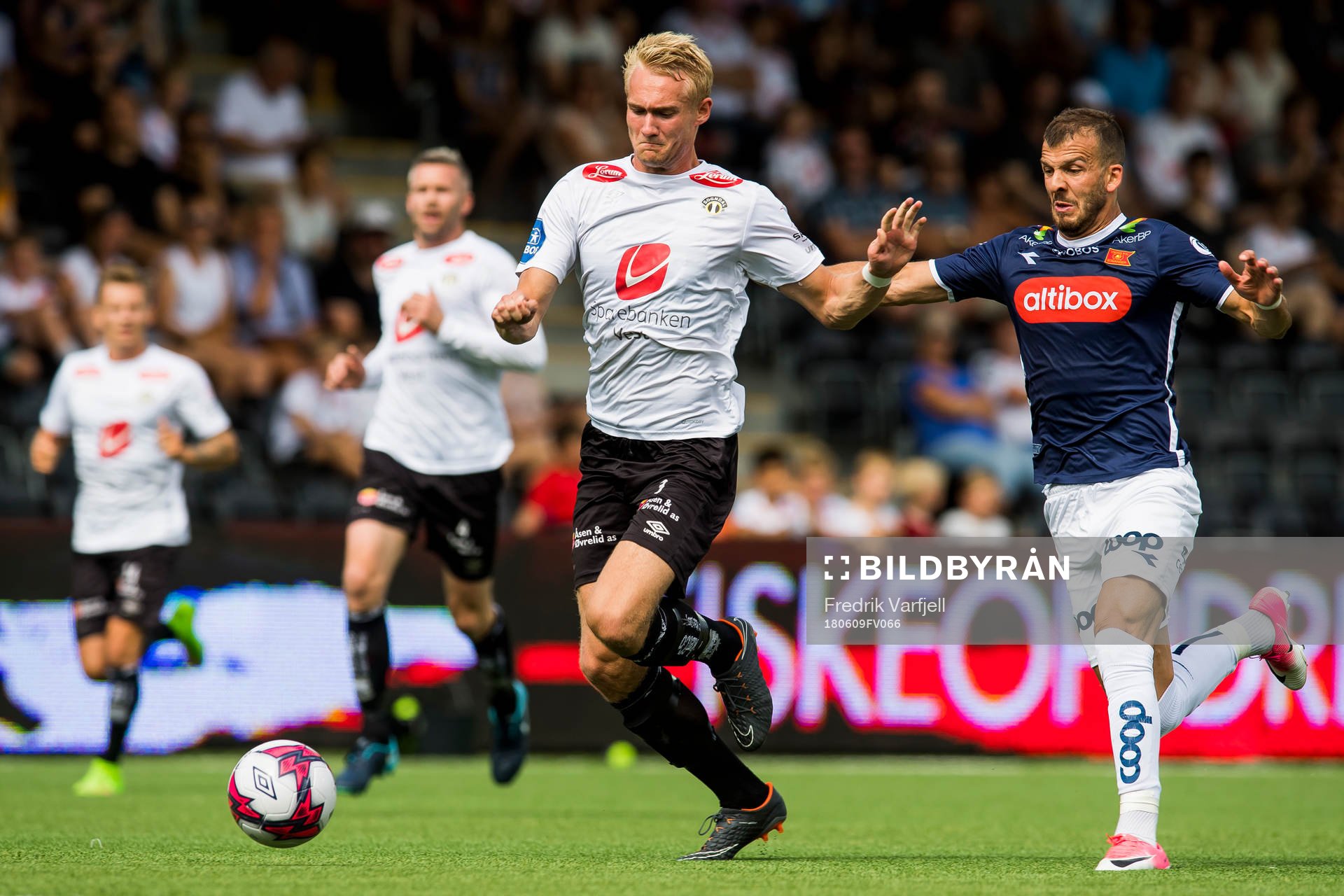 Per Magnus Steiring of Sogndal and Zlatko Tripic of Viking during the OBOS-ligaen match between Sogndal and Viking on June 9, 2018 in Sogndal.