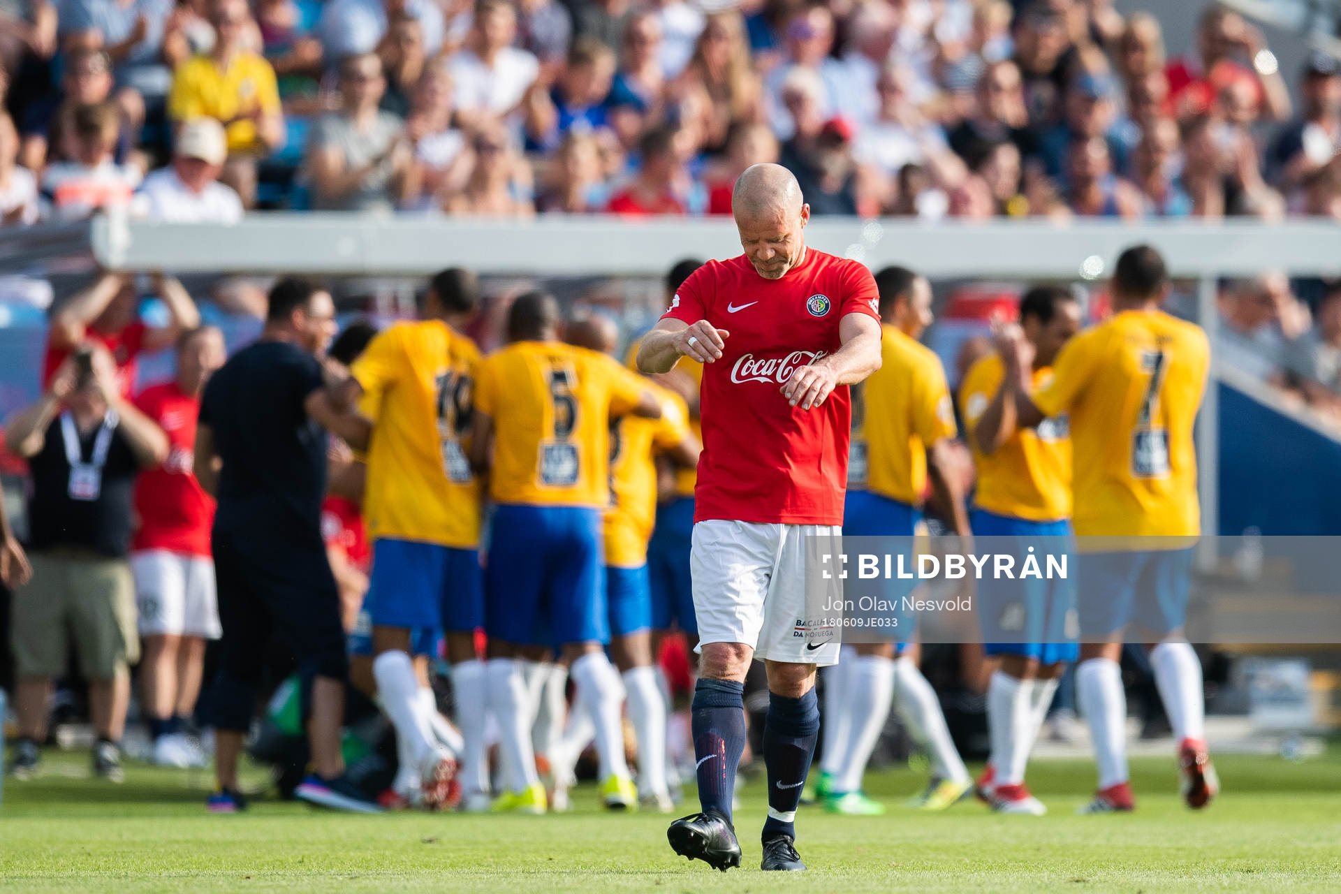 Stig Inge Bjørnebye of Norway looks dejected while Brazil