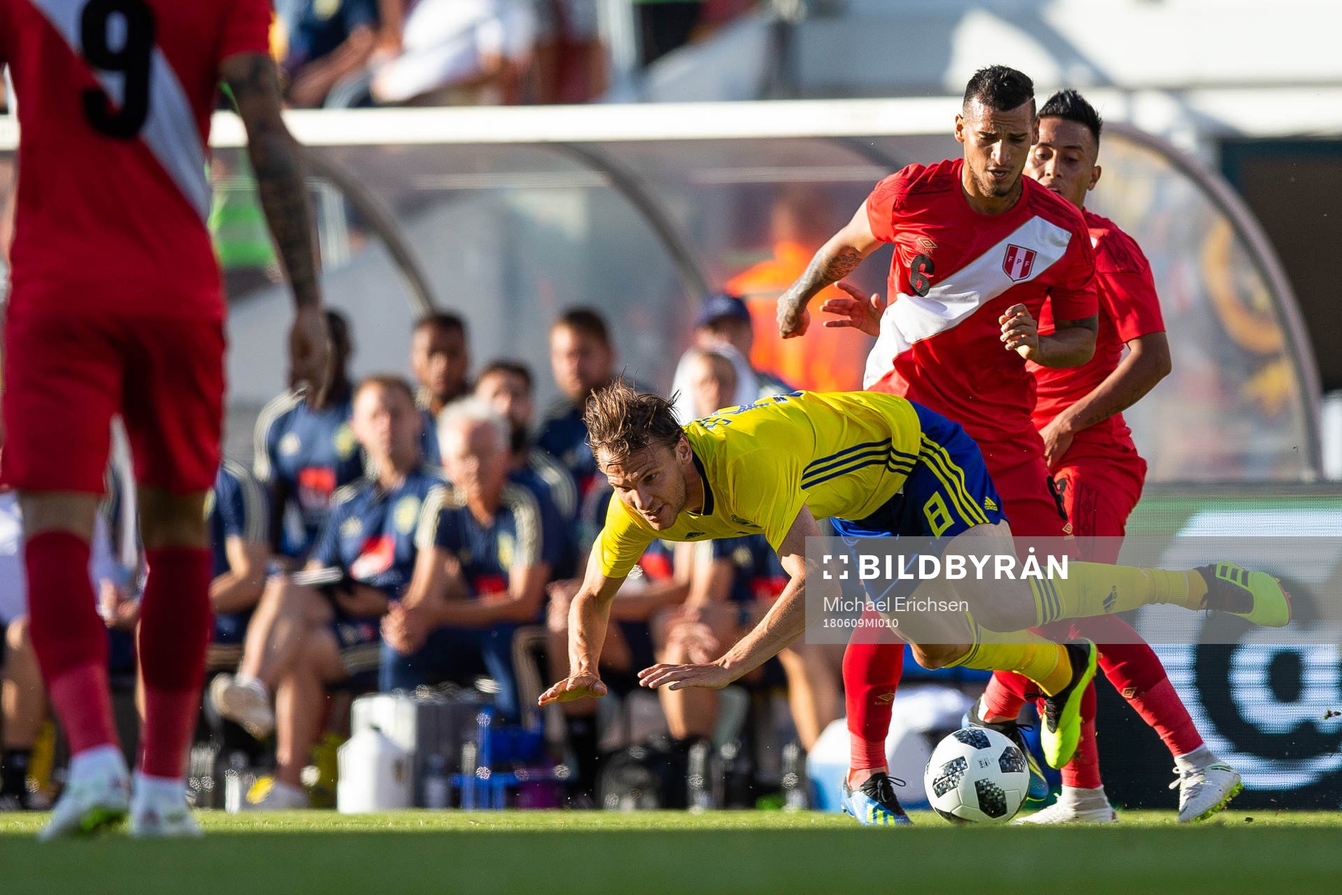 Albin Ekdal of Sweden competes for the ball with Miguel