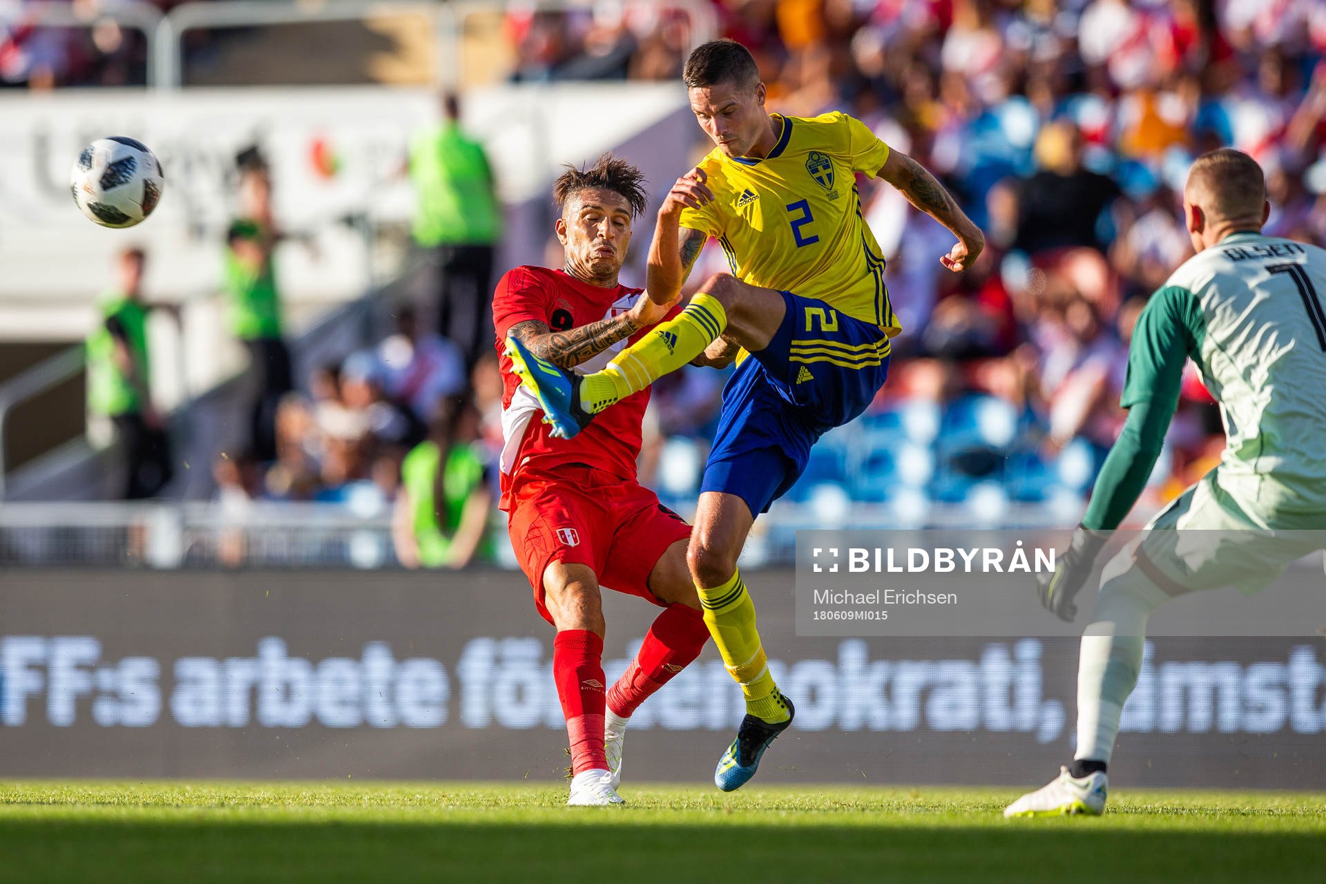 Mikael Lustig of Sweden clears the ball in front of Paolo Guerrero of Peru of Sweden during the international friendly football match between Sweden and Peru on June 9, 2017 in Gothenburg.