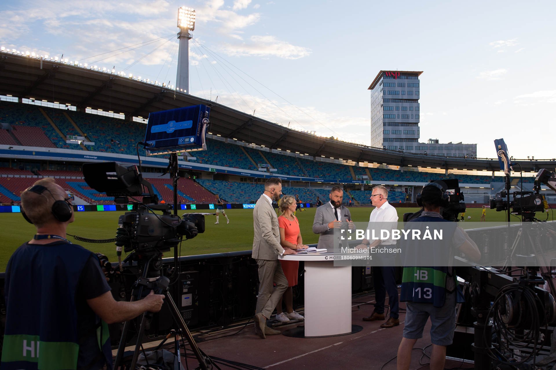 Cmores expert Olof Lundh, Anna Brolin, expert Alexander Axén and Janne Andersson, head coach of Sweden after the international friendly football match between Sweden and Peru on June 9, 2017 in Gothenburg.