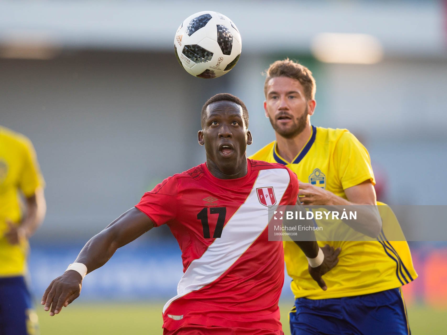 Luis Advincula of Peru and Marcus Rohdén of Swedenduring the international friendly football match between Sweden and Peru on June 9, 2017 in Gothenburg.