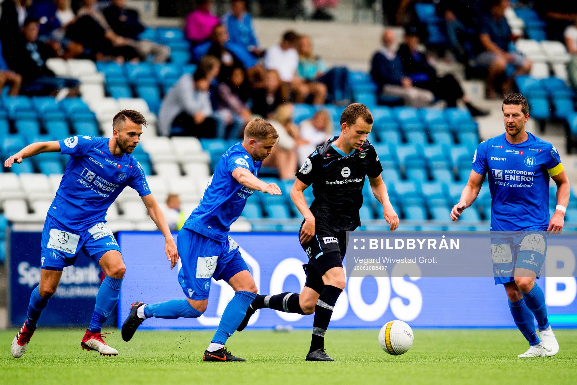 Martin Holmen of Notodden, Henrik Gustavsen of Notodden, Vegard Østraat Erlien of Sandnes Ulf and Steffen Jenssen of Notodden during the OBOS-ligaen match between Notodden and Sandnes Ulf on June 10, 2018 in Notodden.